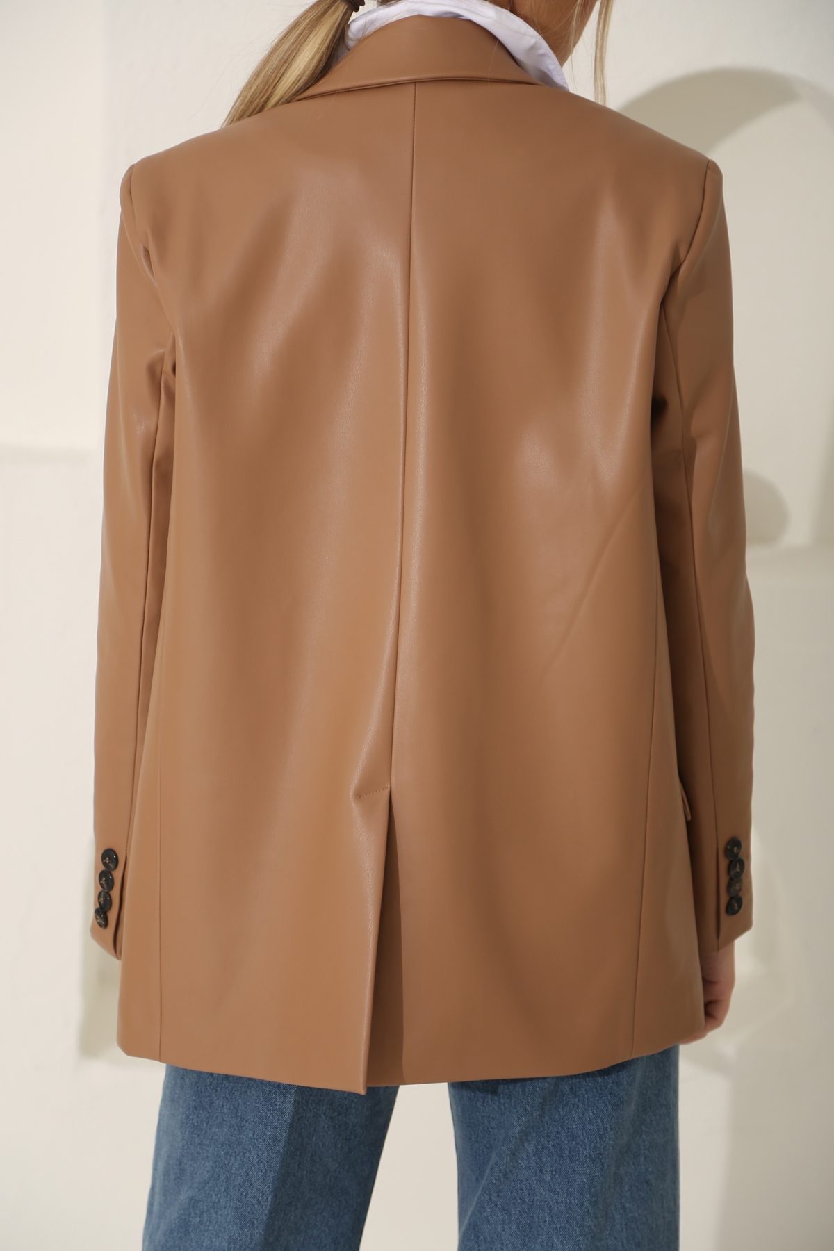 Camel Tek Düğme Deri Blazer Ceket 40290