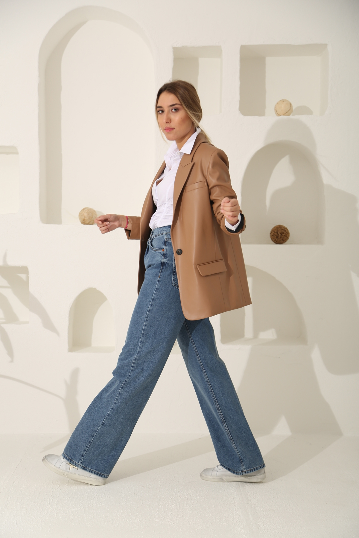 Camel Tek Düğme Deri Blazer Ceket 40290
