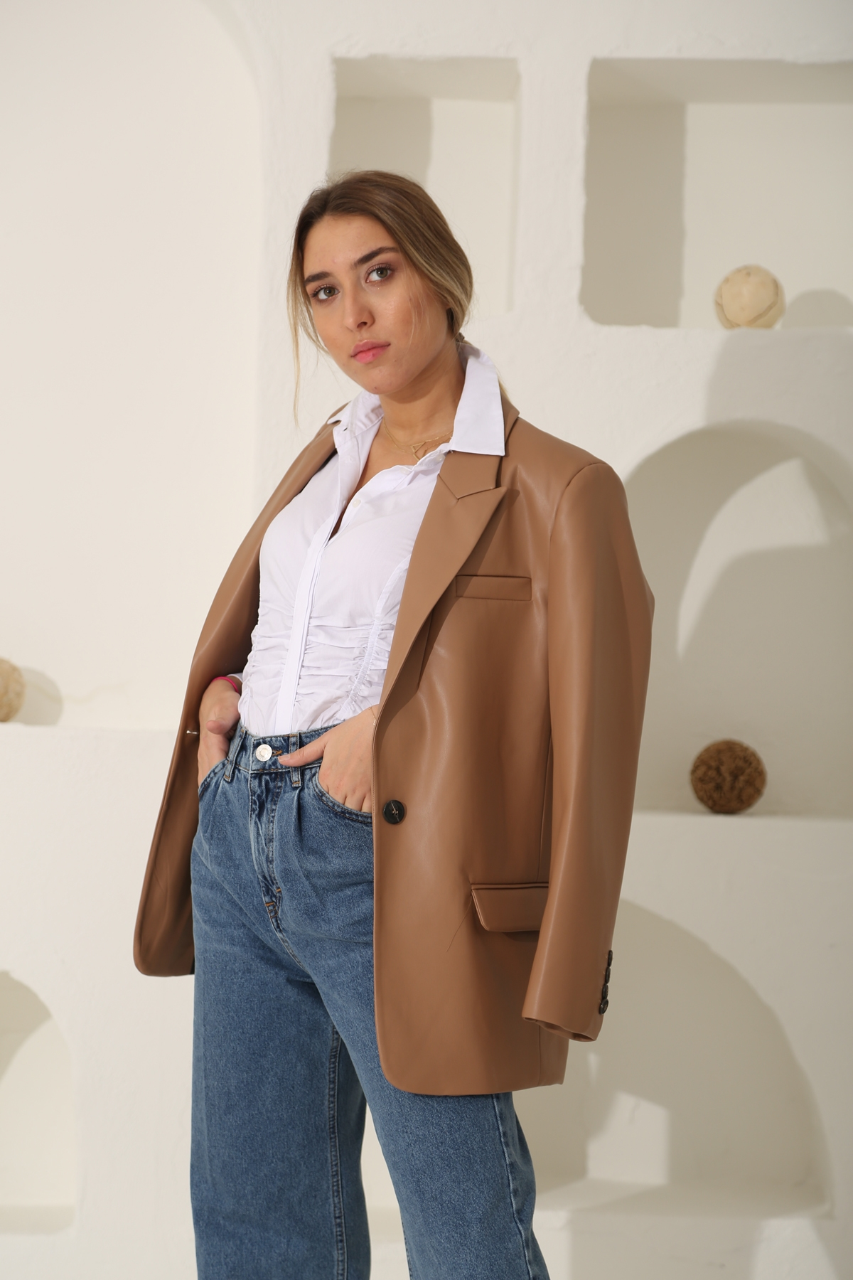 Camel Tek Düğme Deri Blazer Ceket 40290