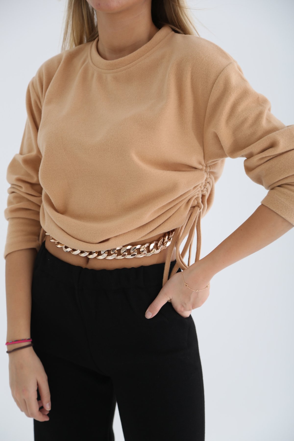 Camel Yanları Büzgülü İnce Triko 7303