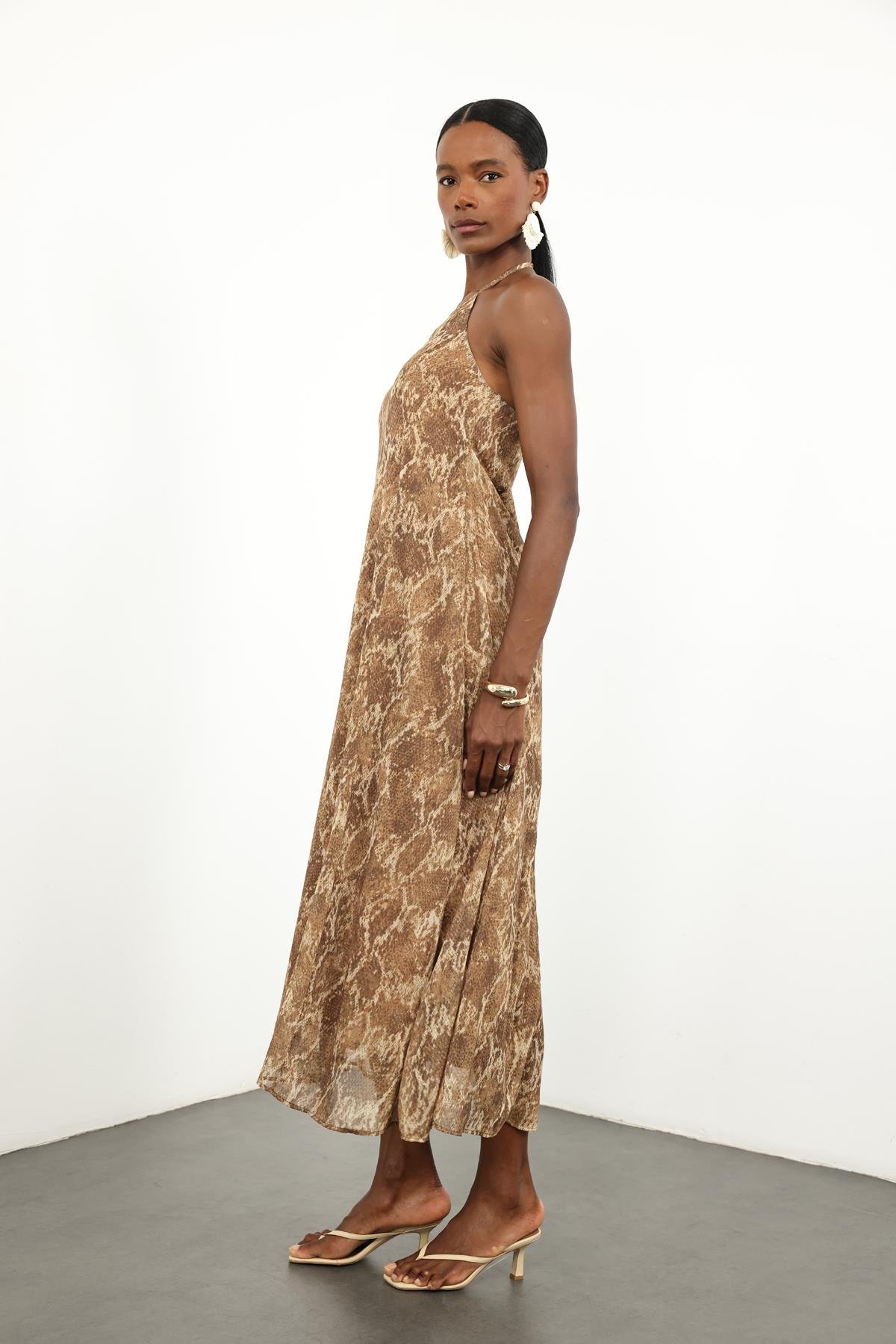 Camel Yılan Desen Şifon Elbise 36625