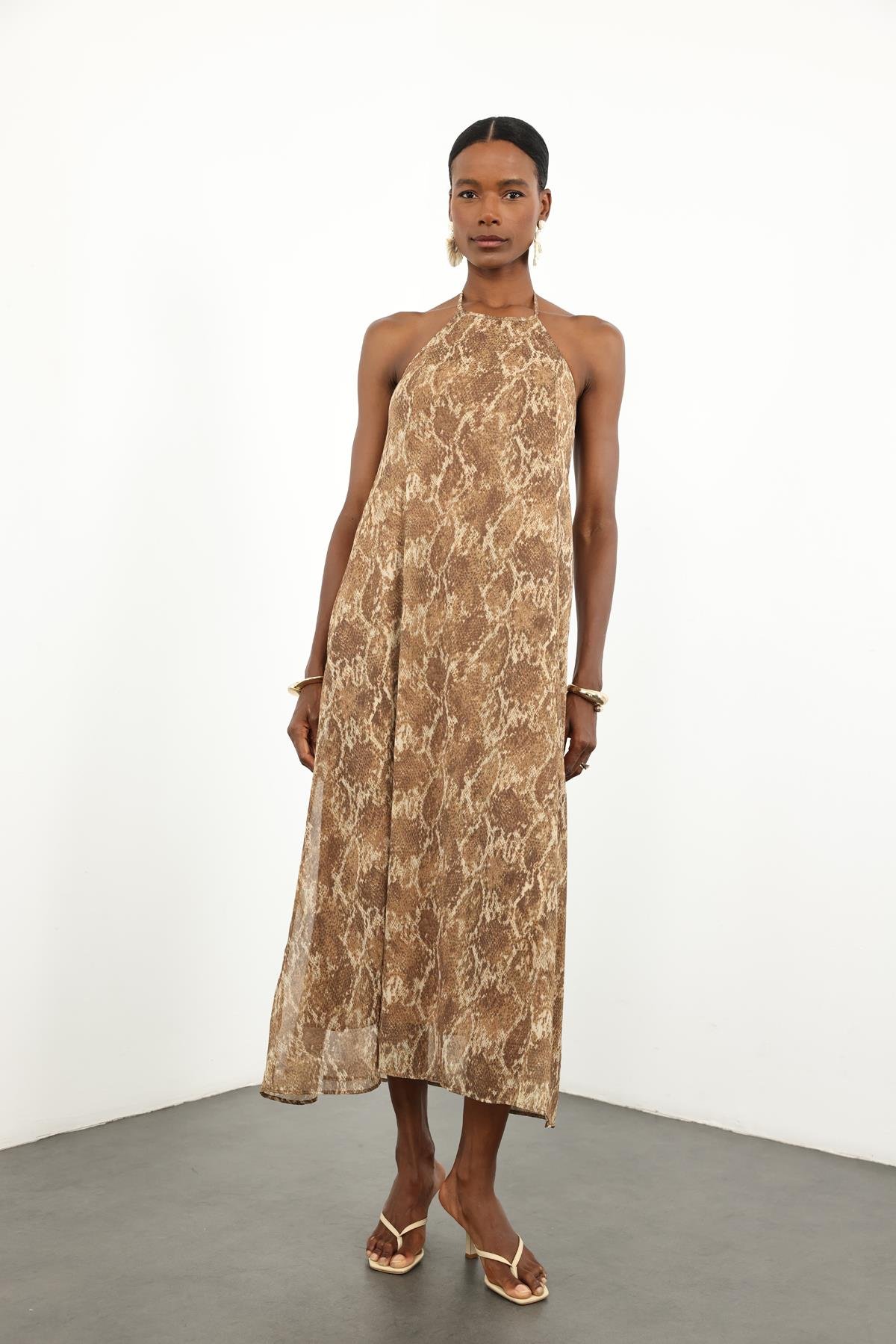 Camel Yılan Desen Şifon Elbise 36625