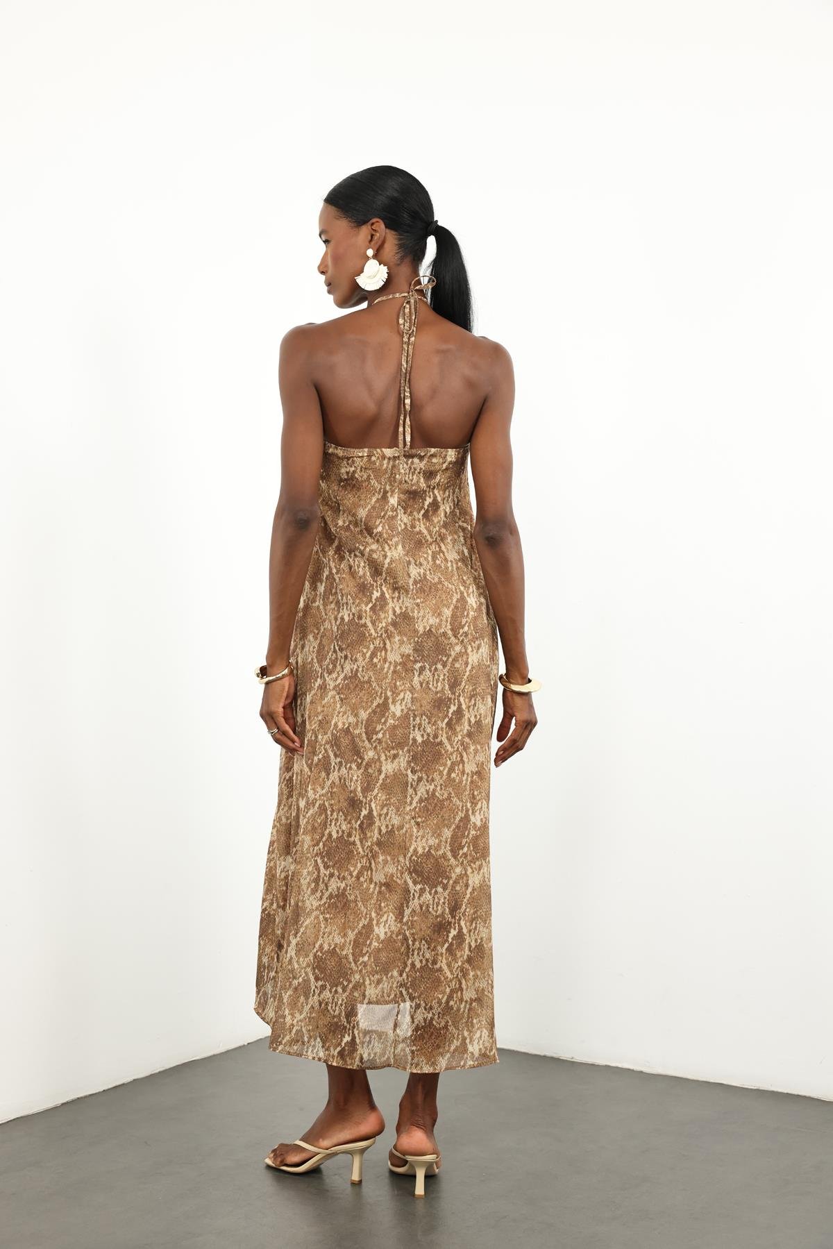 Camel Yılan Desen Şifon Elbise 36625