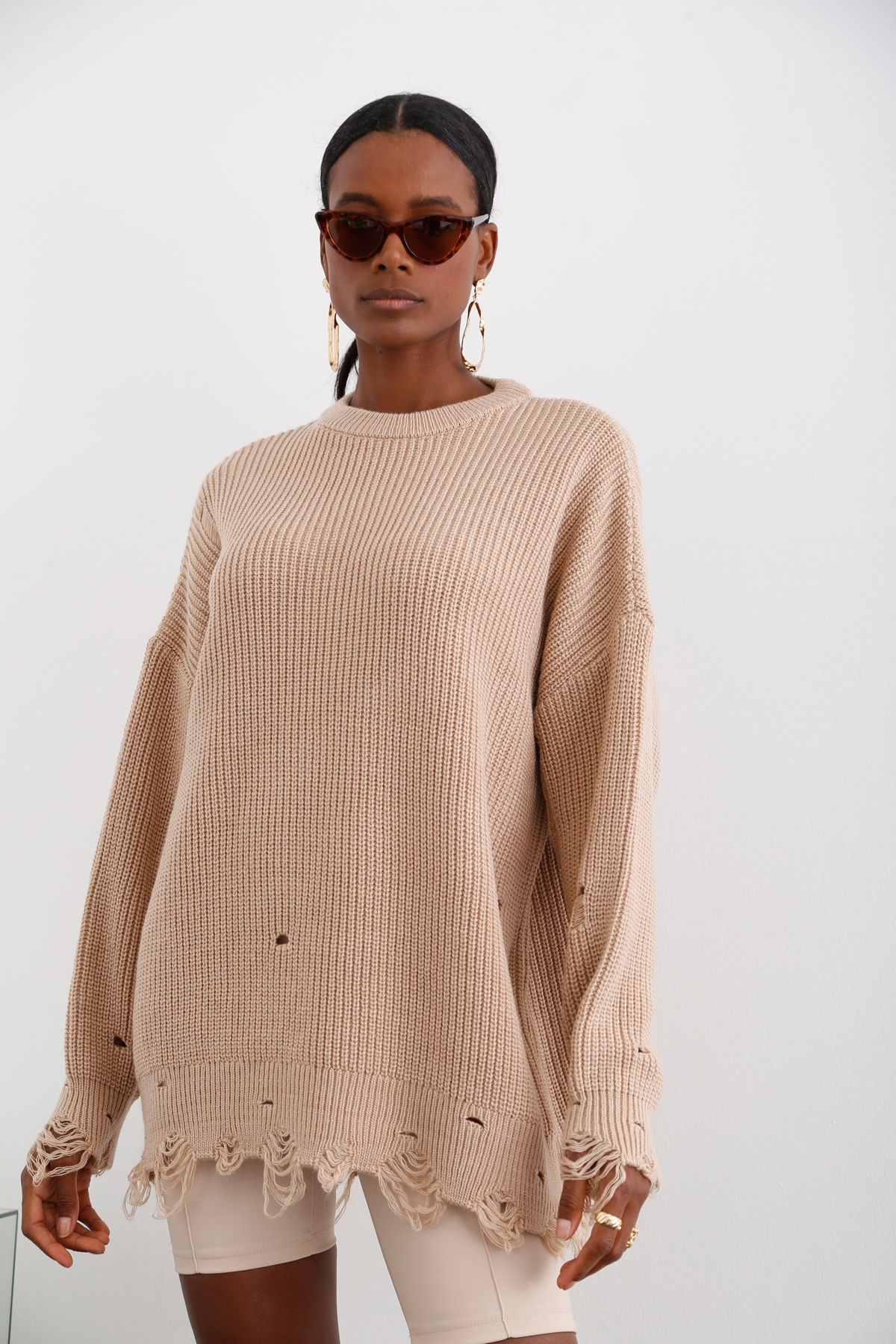 Camel Yırtıklı Oversize Kazak 5740