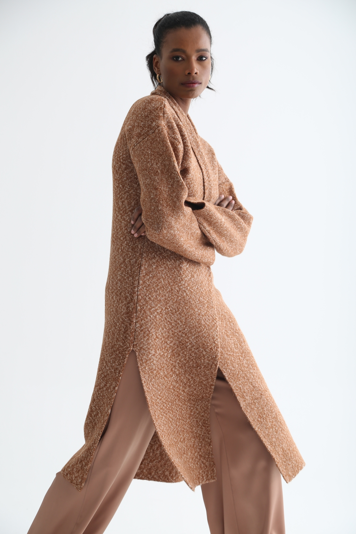 Camel Yırtmaç Detaylı Maxi Hırka 13035