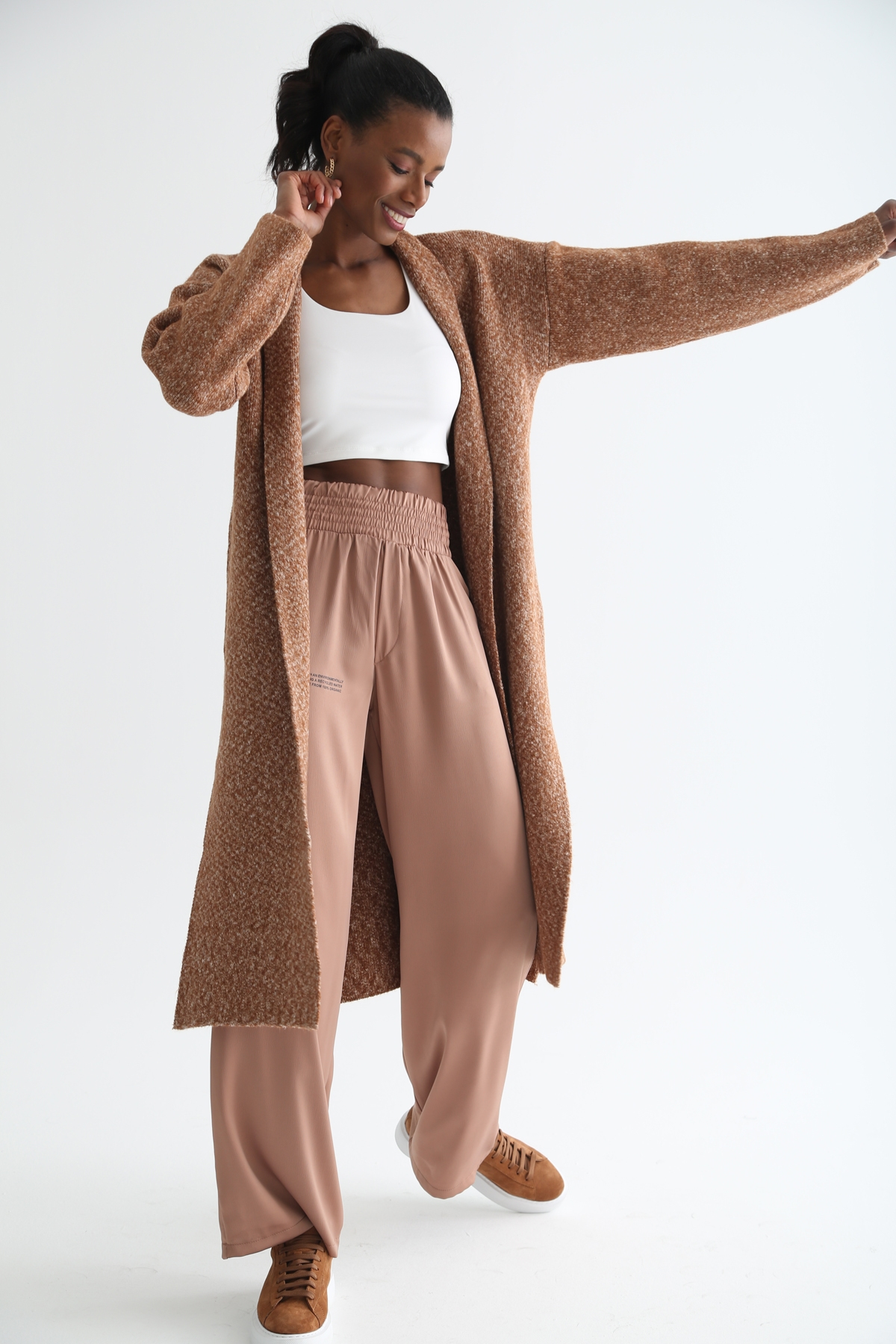 Camel Yırtmaç Detaylı Maxi Hırka 13035