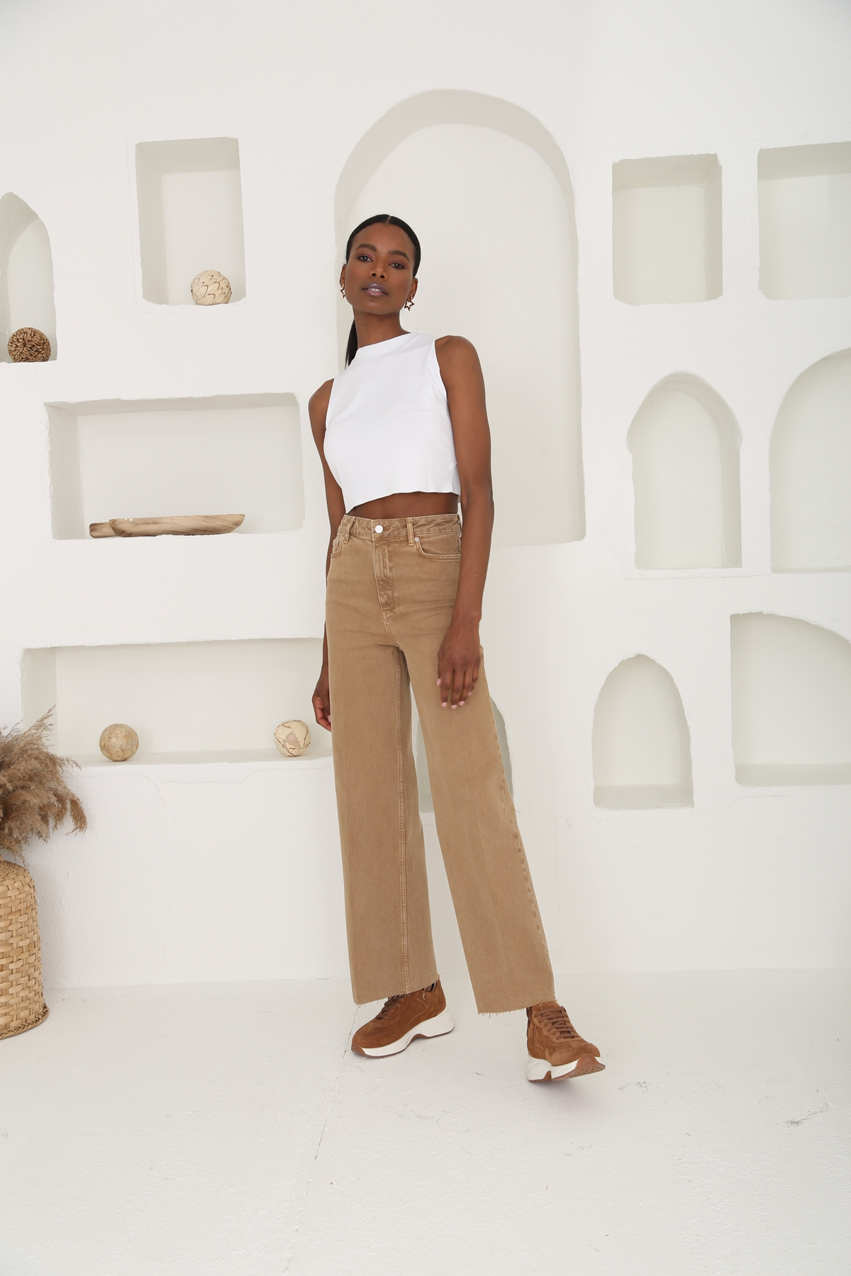 Camel Yüksek Bel Wide Leg Jean 