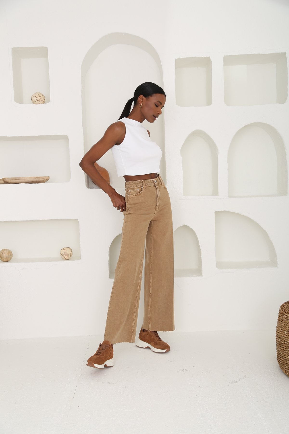 Camel Yüksek Bel Wide Leg Jean 