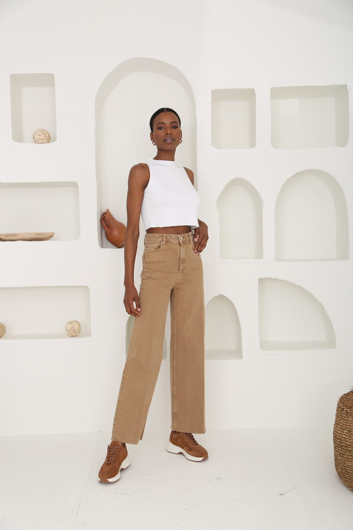 Camel Yüksek Bel Wide Leg Jean 