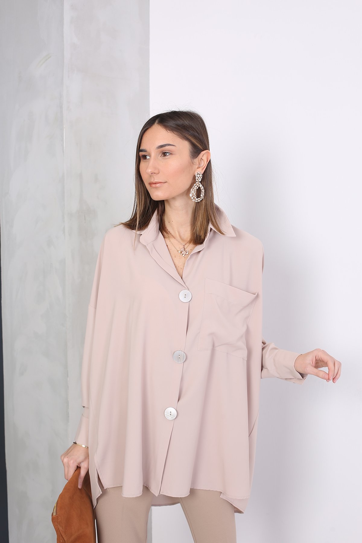 Deve Tüyü Sedef Düğmeli Oversize Gömlek 4236