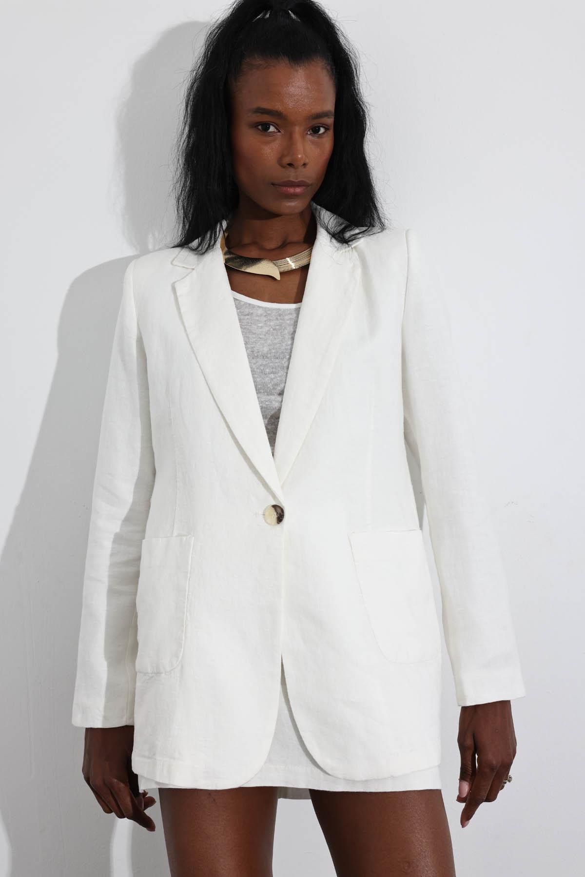 Ekru %100 Ham Keten Ceket 