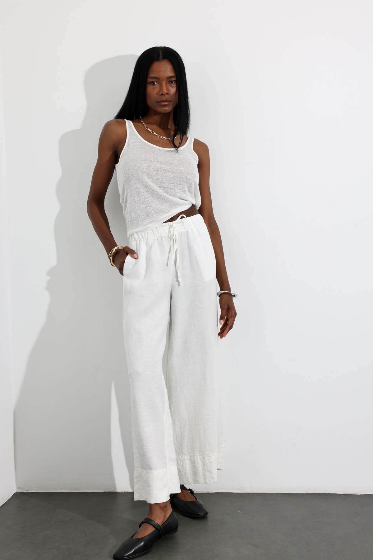 Ekru %100 Keten Beli Lastikli Pantolon 