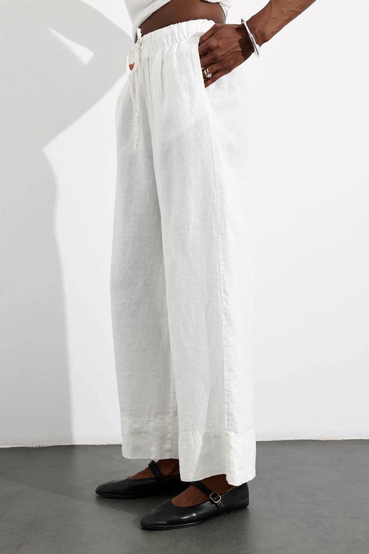 Ekru %100 Keten Beli Lastikli Pantolon 