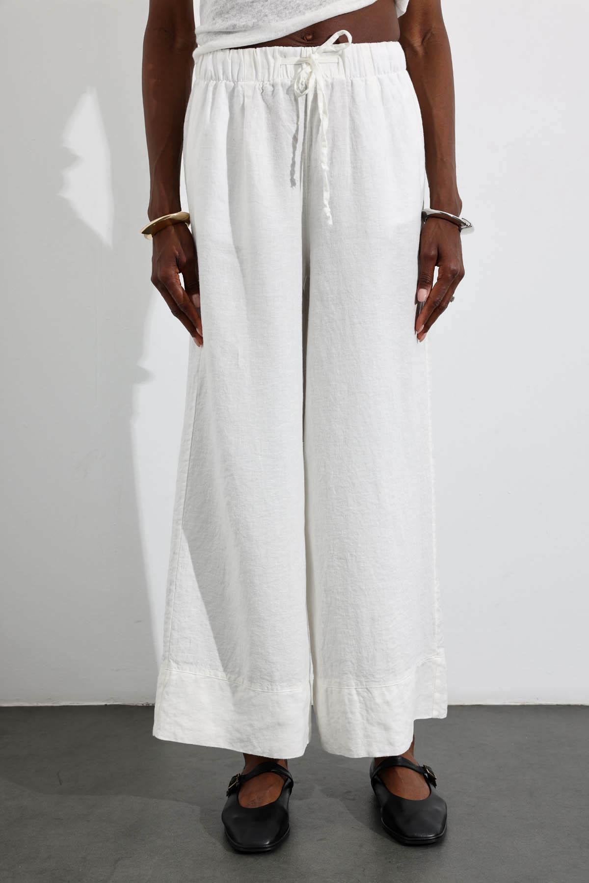 Ekru %100 Keten Beli Lastikli Pantolon 