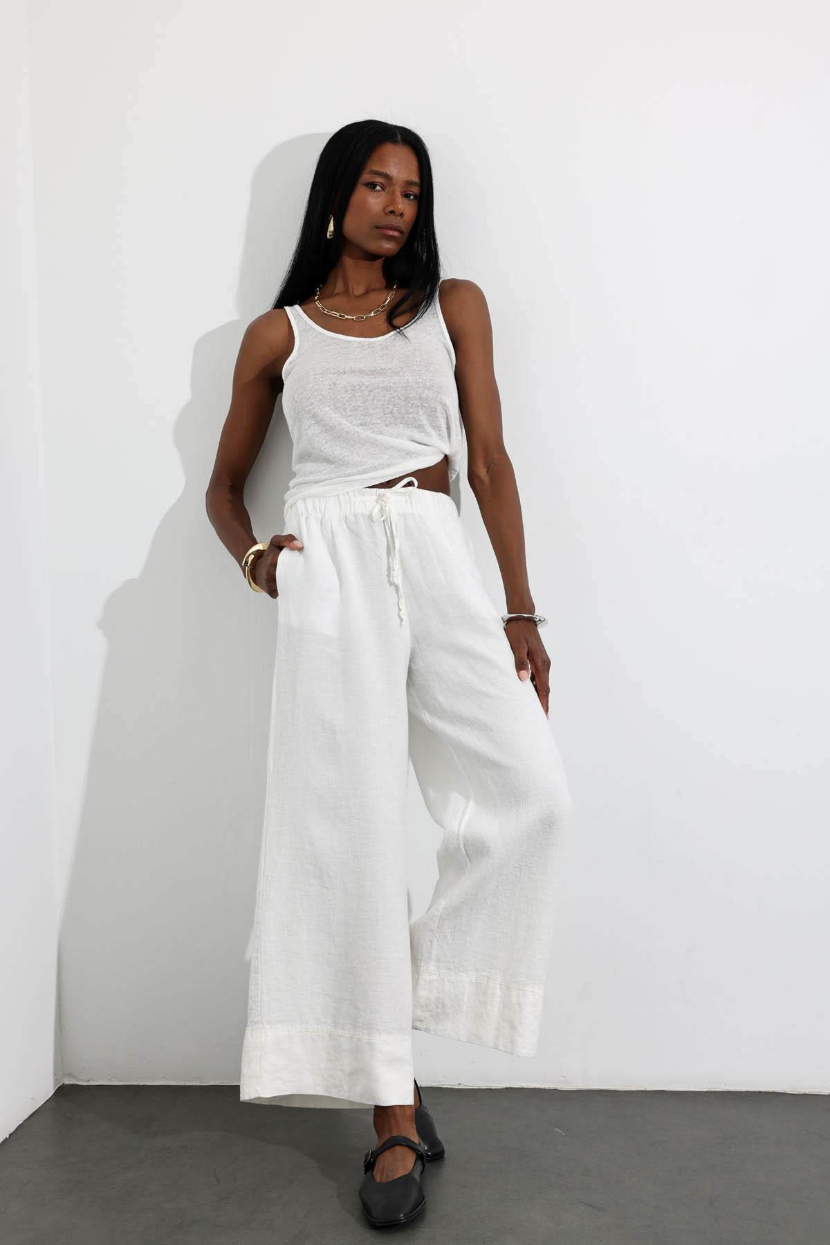 Ekru %100 Keten Beli Lastikli Pantolon 