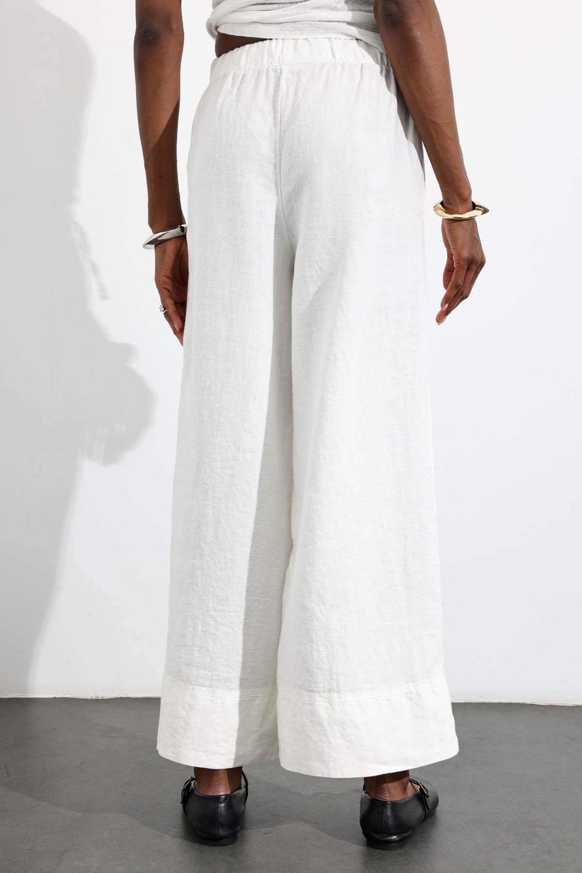 Ekru %100 Keten Beli Lastikli Pantolon 