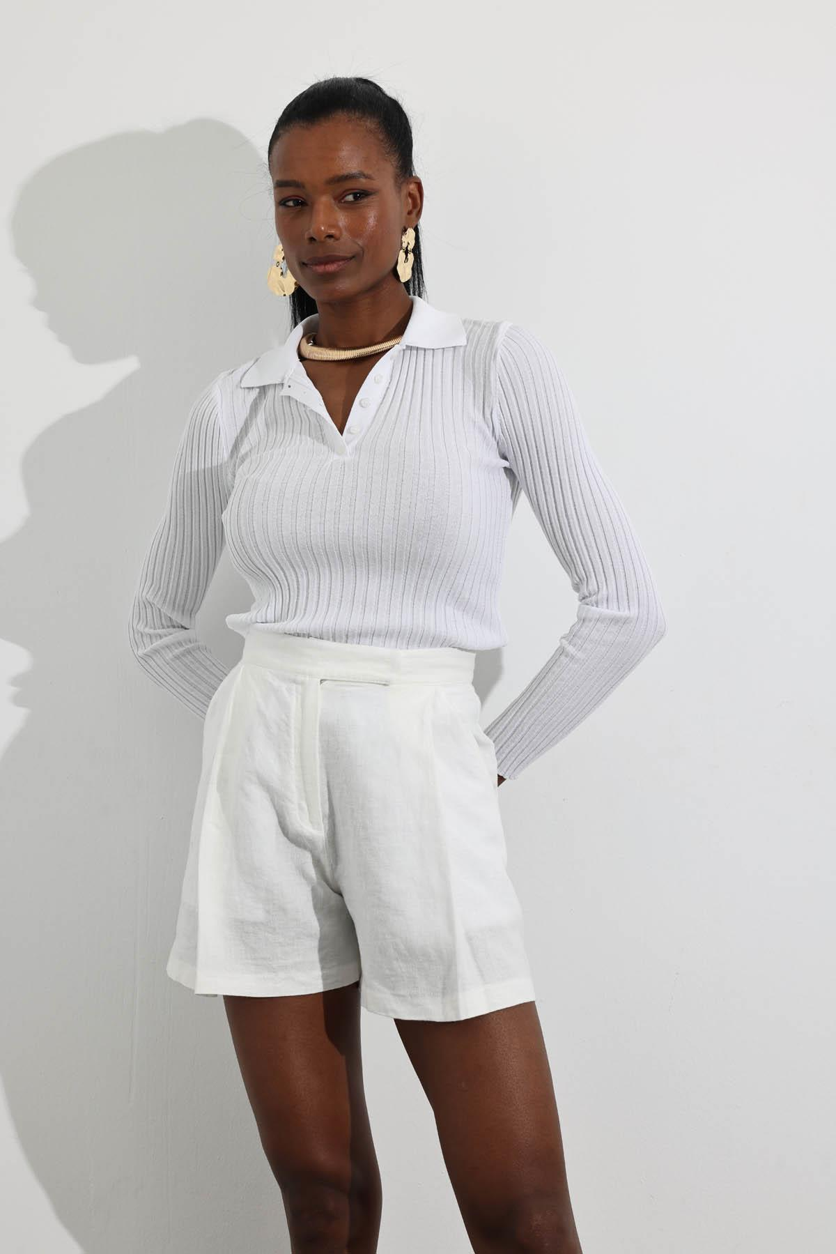 Ekru %100 Keten Klasik Şort 