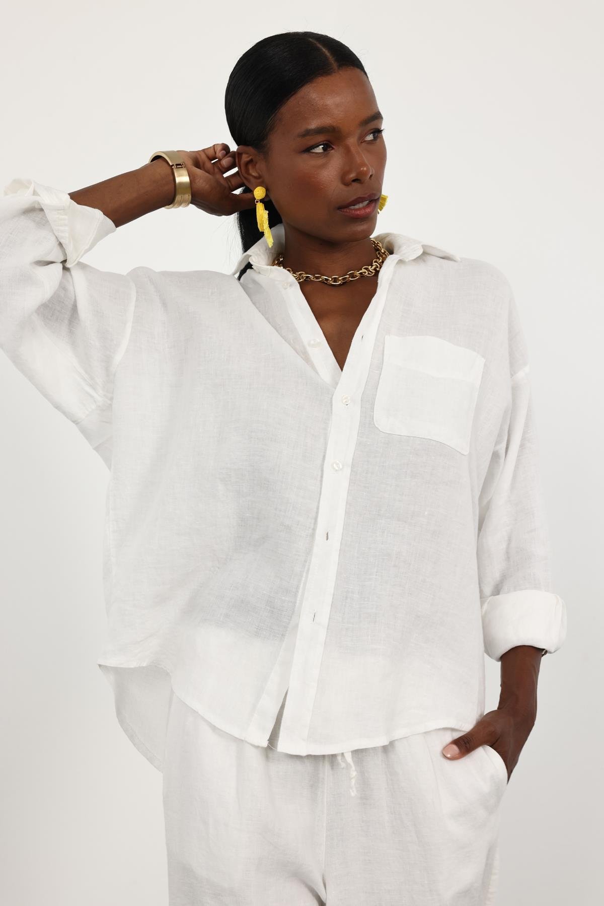 Ekru %100 Keten Oversize Gömlek 