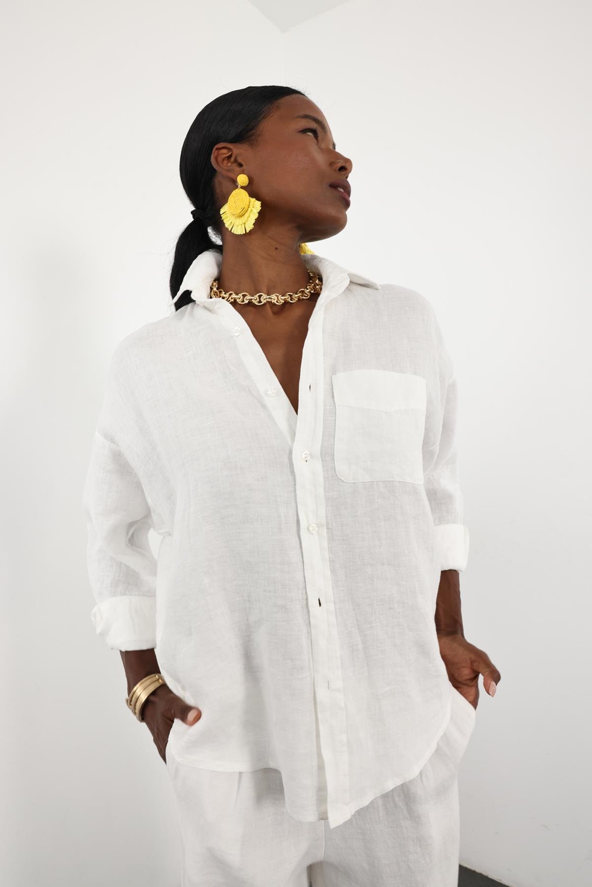 Ekru %100 Keten Oversize Gömlek 