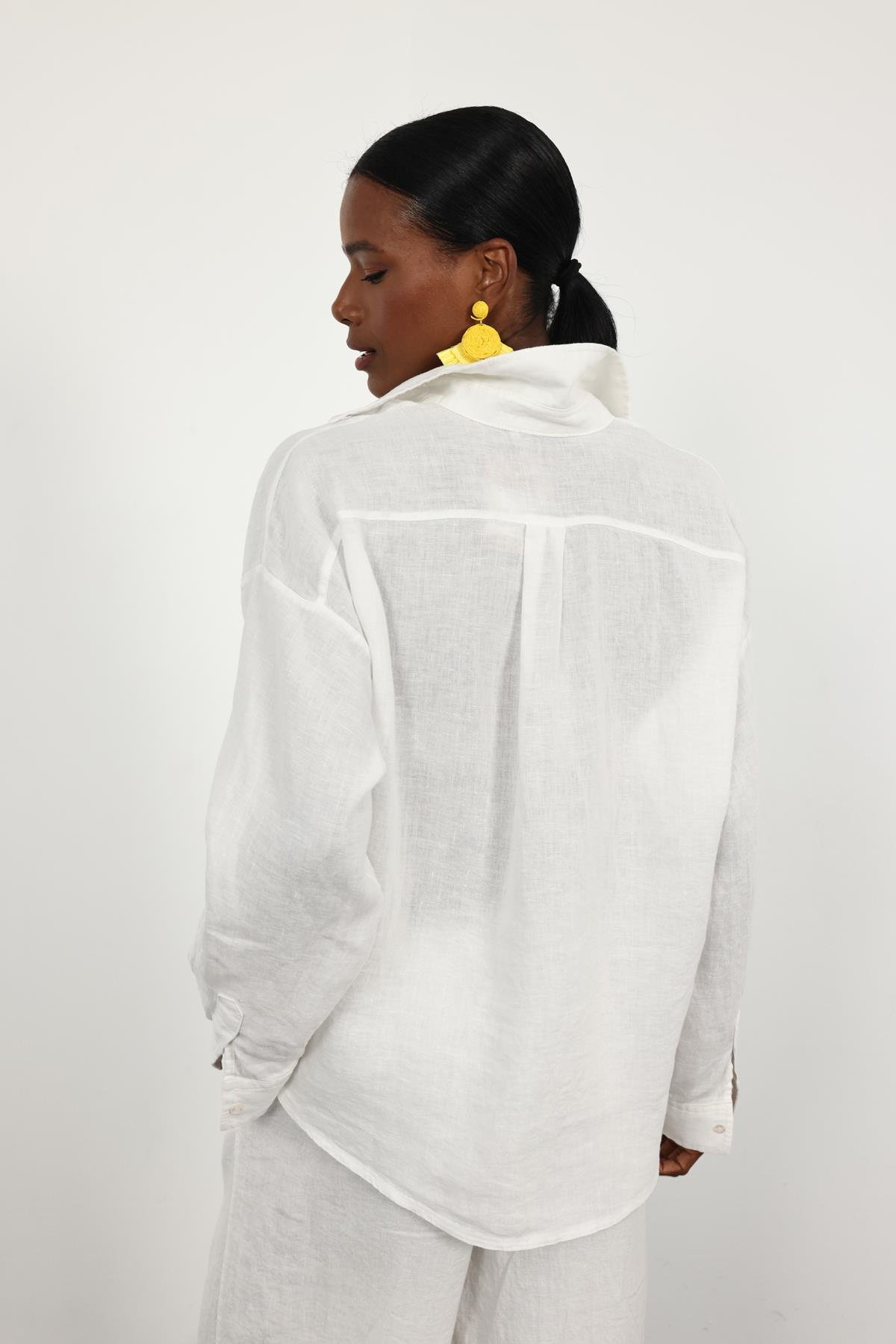 Ekru %100 Keten Oversize Gömlek 