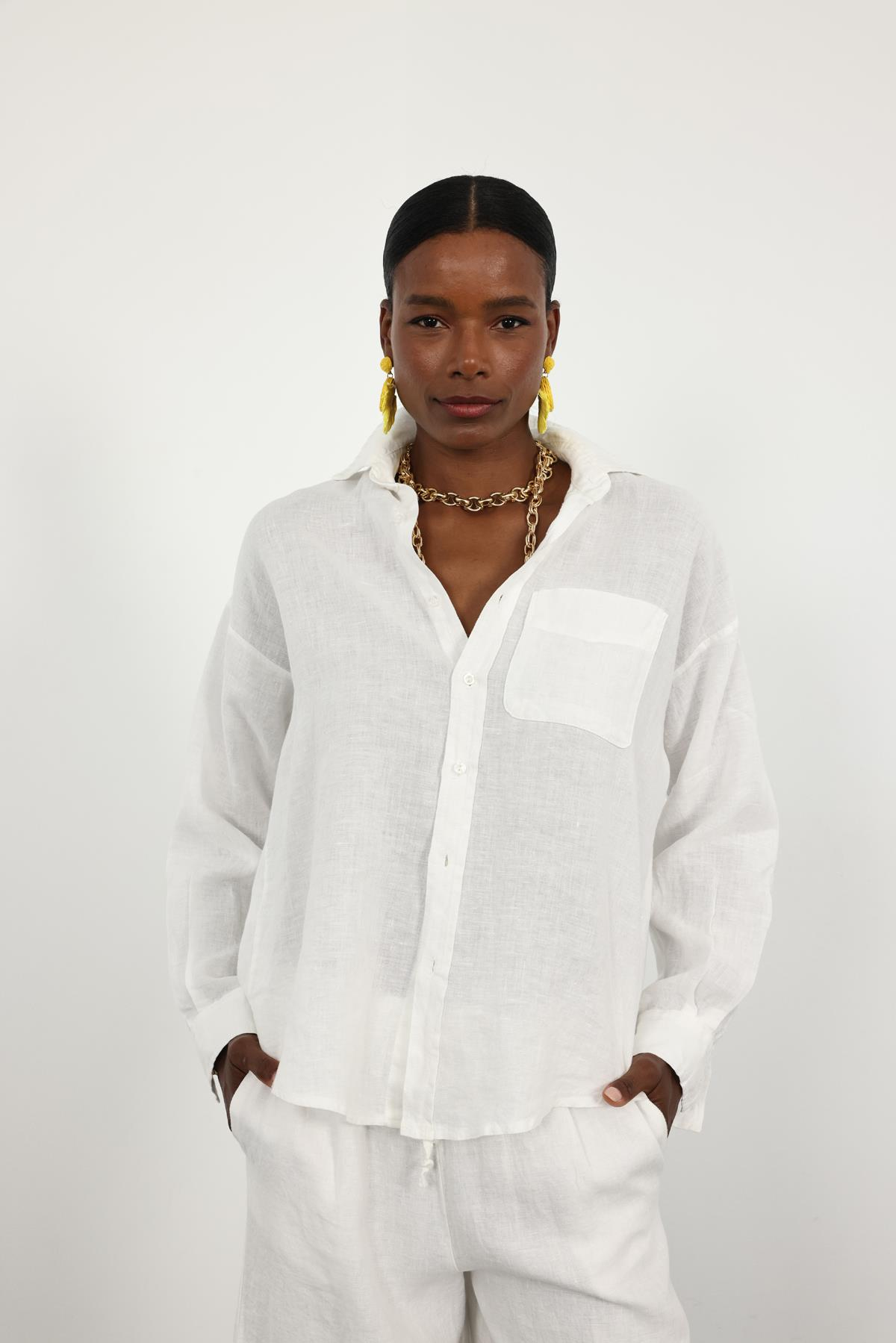 Ekru %100 Keten Oversize Gömlek 