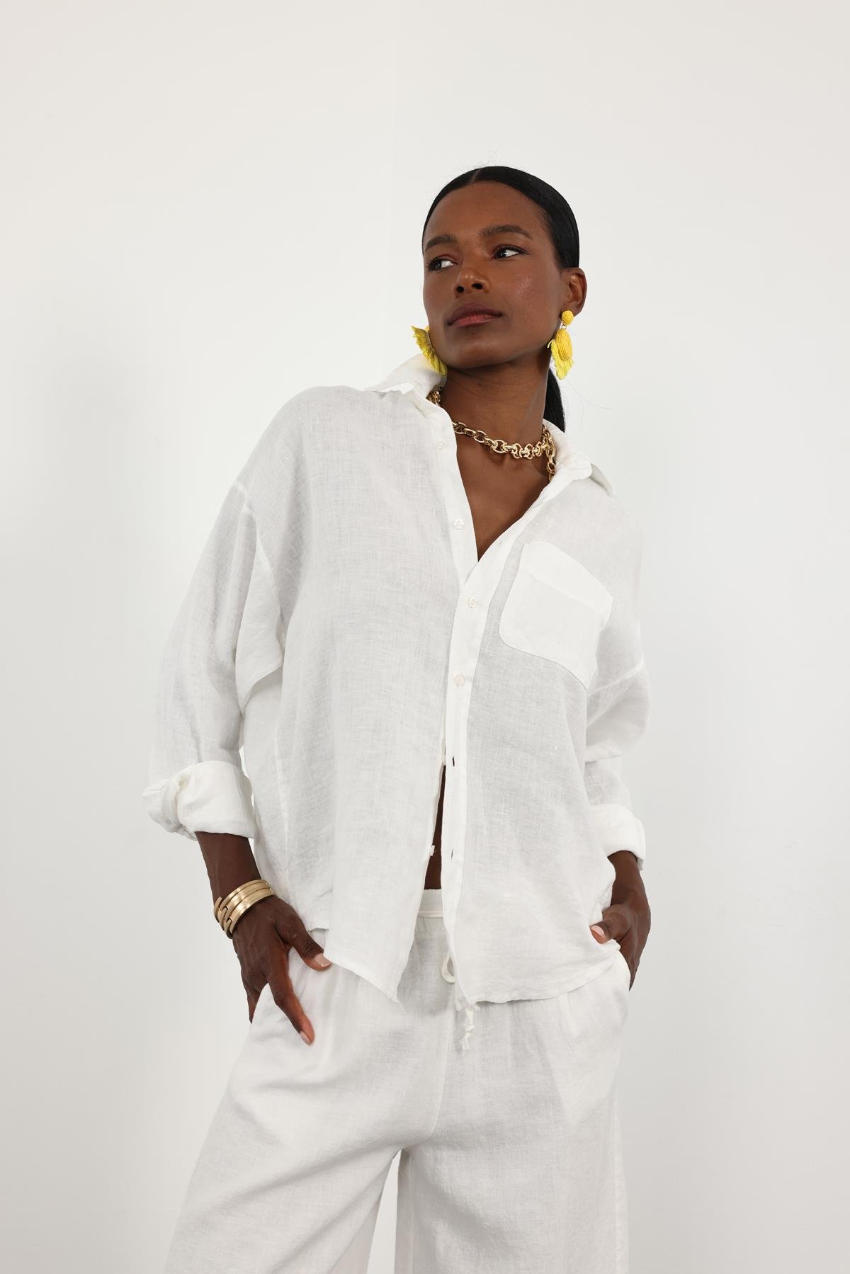 Ekru %100 Keten Oversize Gömlek 