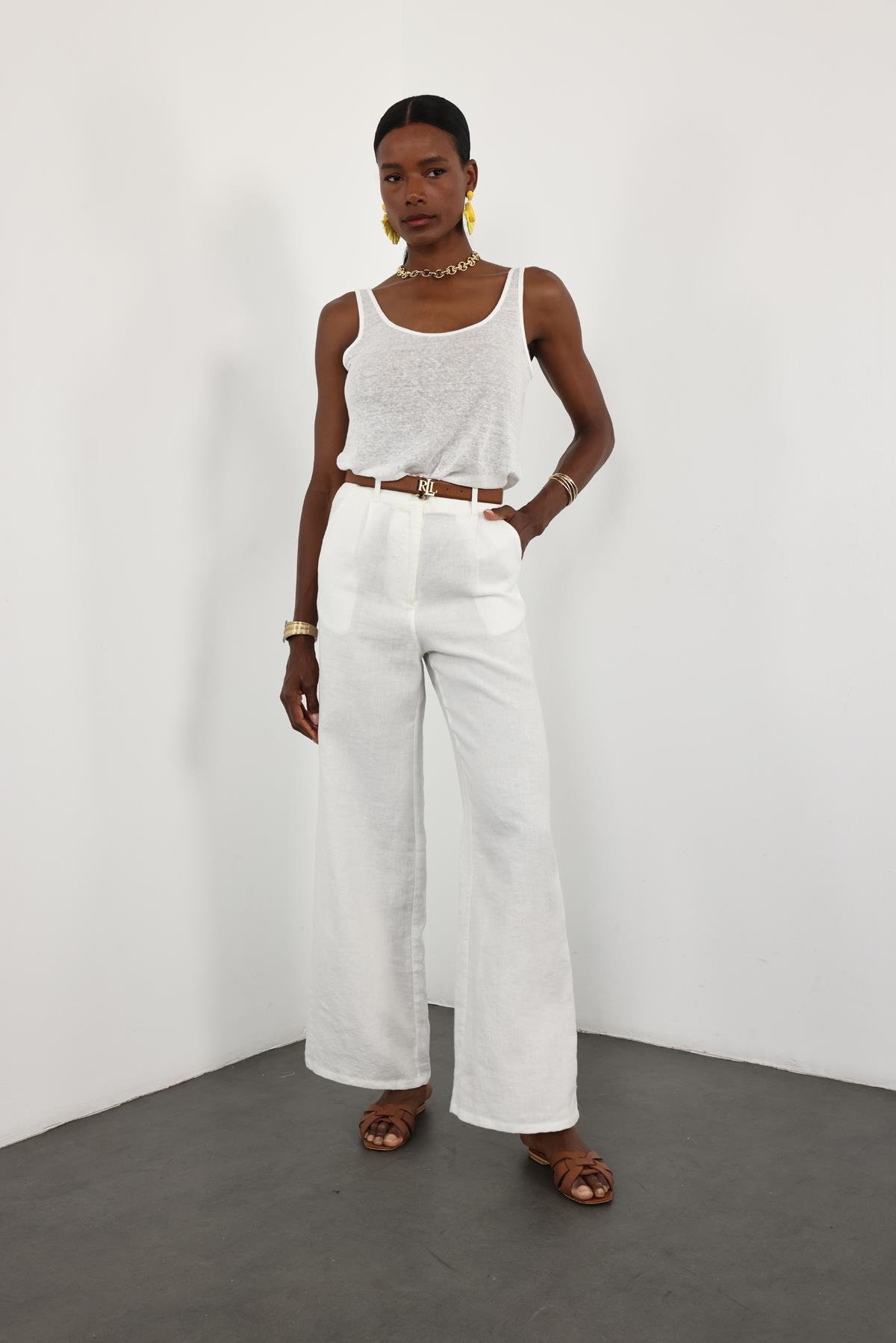 Ekru %100 Keten Palazzo Pantolon 