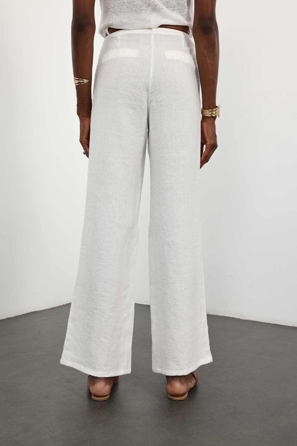 Ekru %100 Keten Palazzo Pantolon 