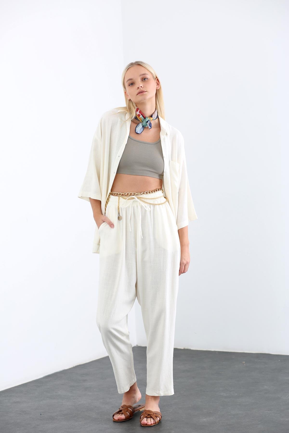 Ekru Beli Lastikli Keten Pantolon 1322