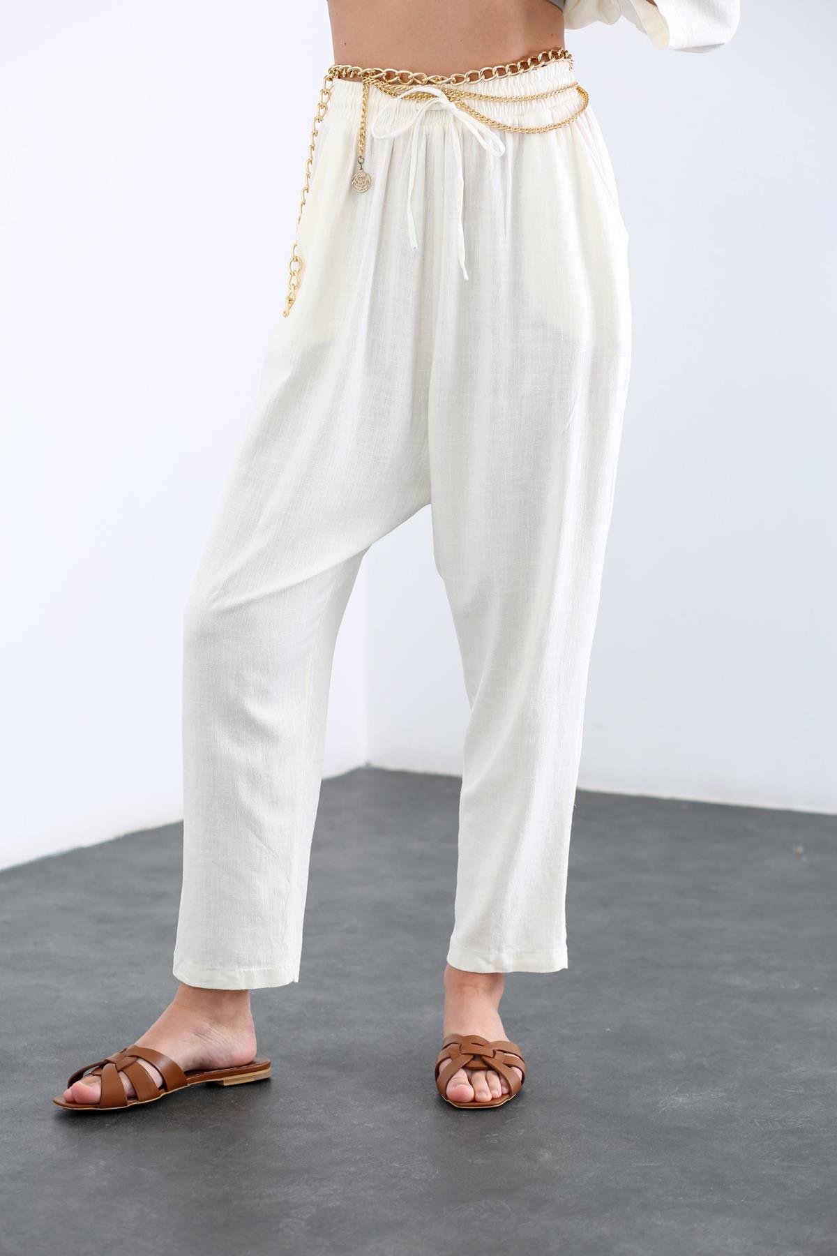 Ekru Beli Lastikli Keten Pantolon 1322