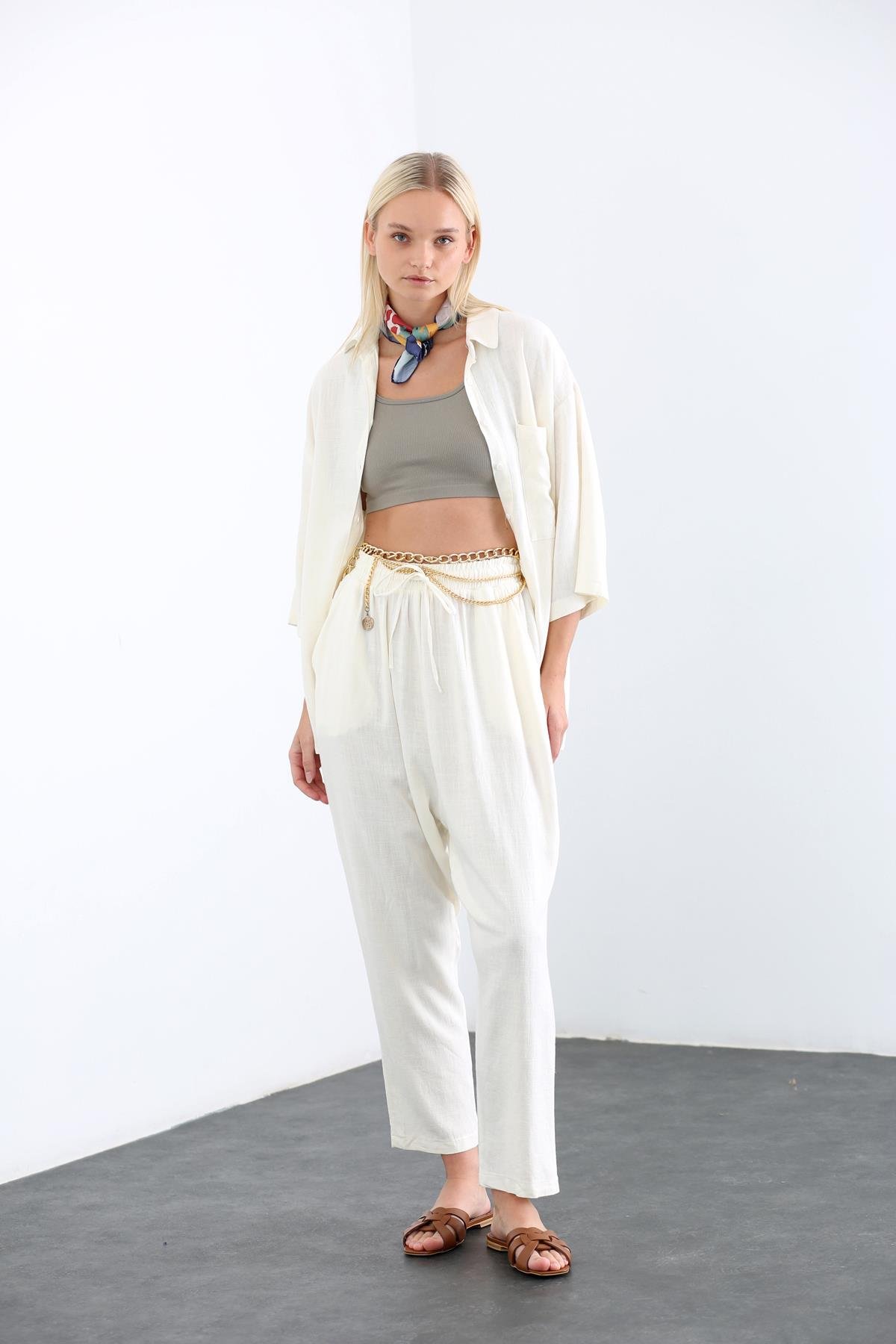 Ekru Beli Lastikli Keten Pantolon 1322