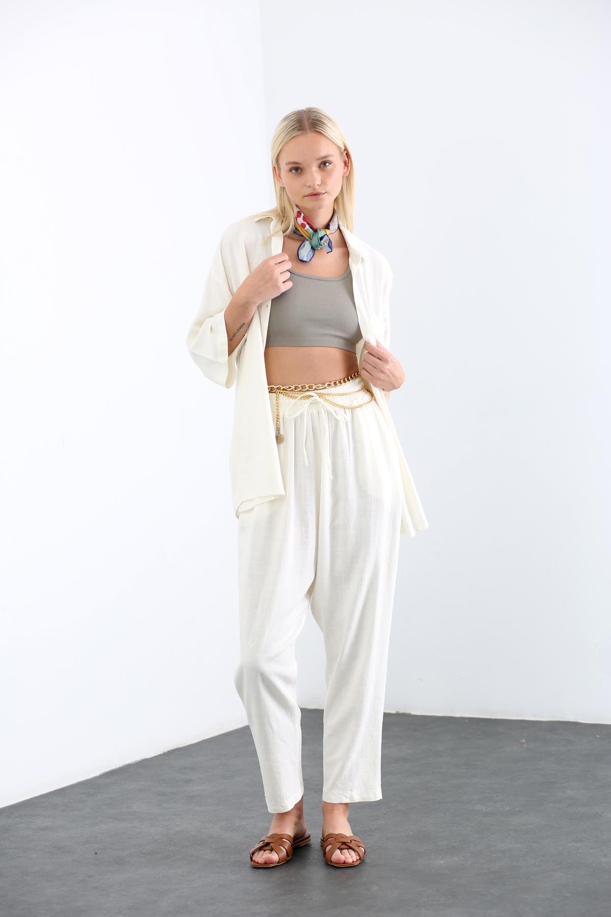 Ekru Beli Lastikli Keten Pantolon 1322
