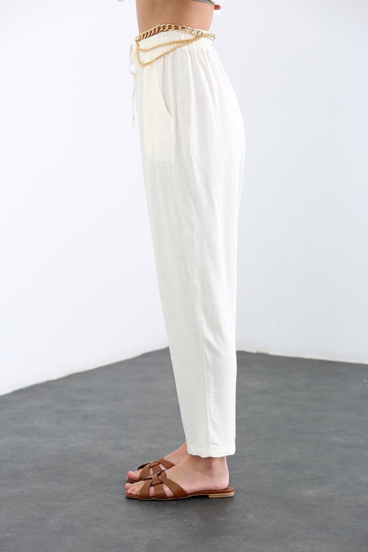 Ekru Beli Lastikli Keten Pantolon 1322