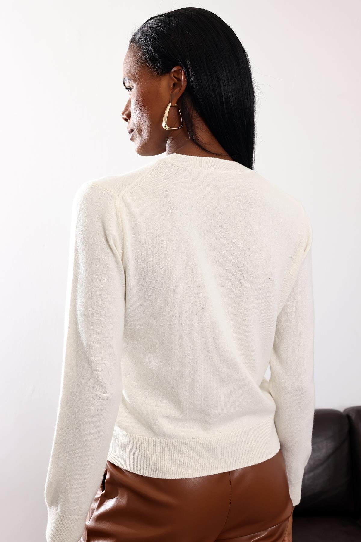 Ekru Bisiklet Yaka Kaşmir Basic Triko 