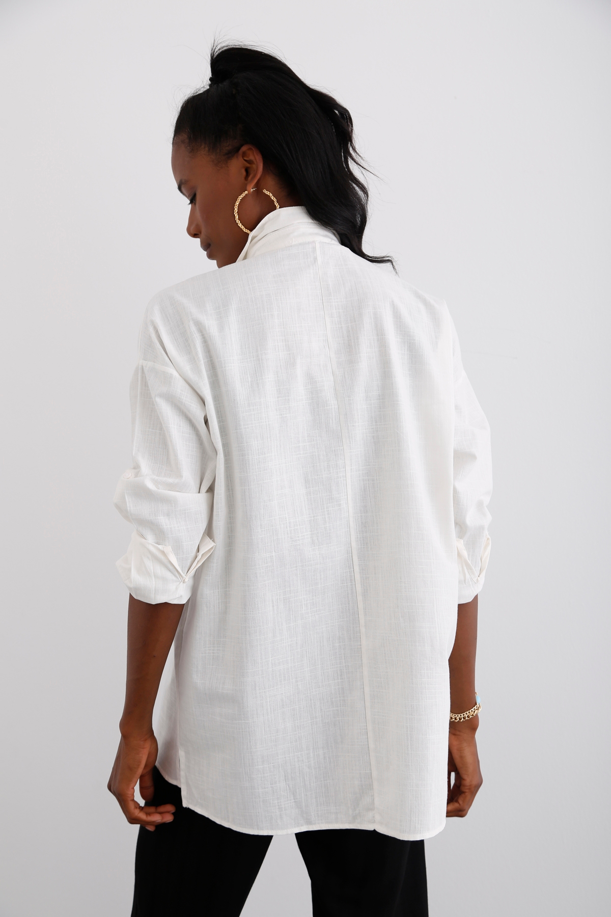 Ekru Çift Cepli Oversize Gömlek 1299