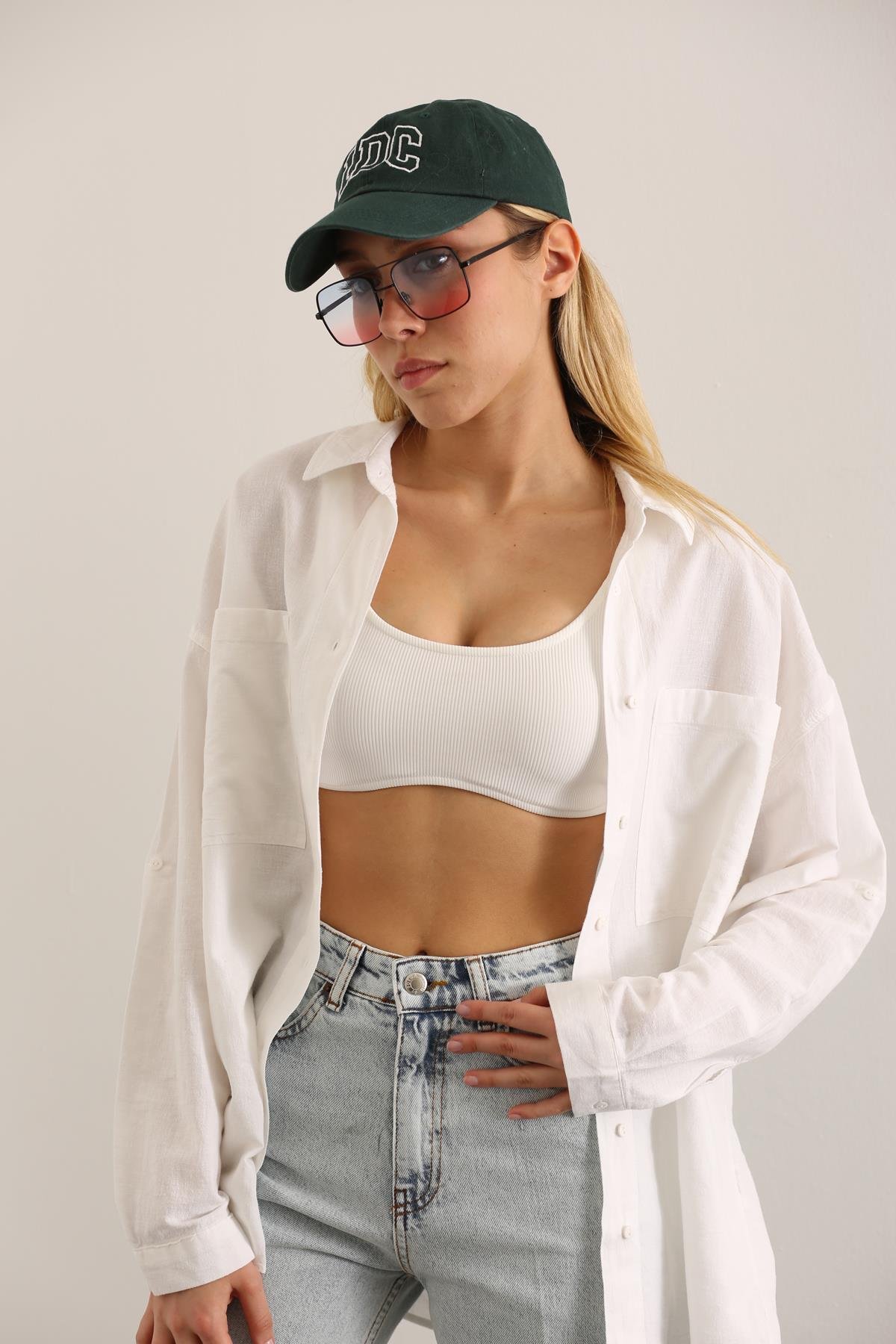 Ekru Çift Cepli Oversize Gömlek 3923