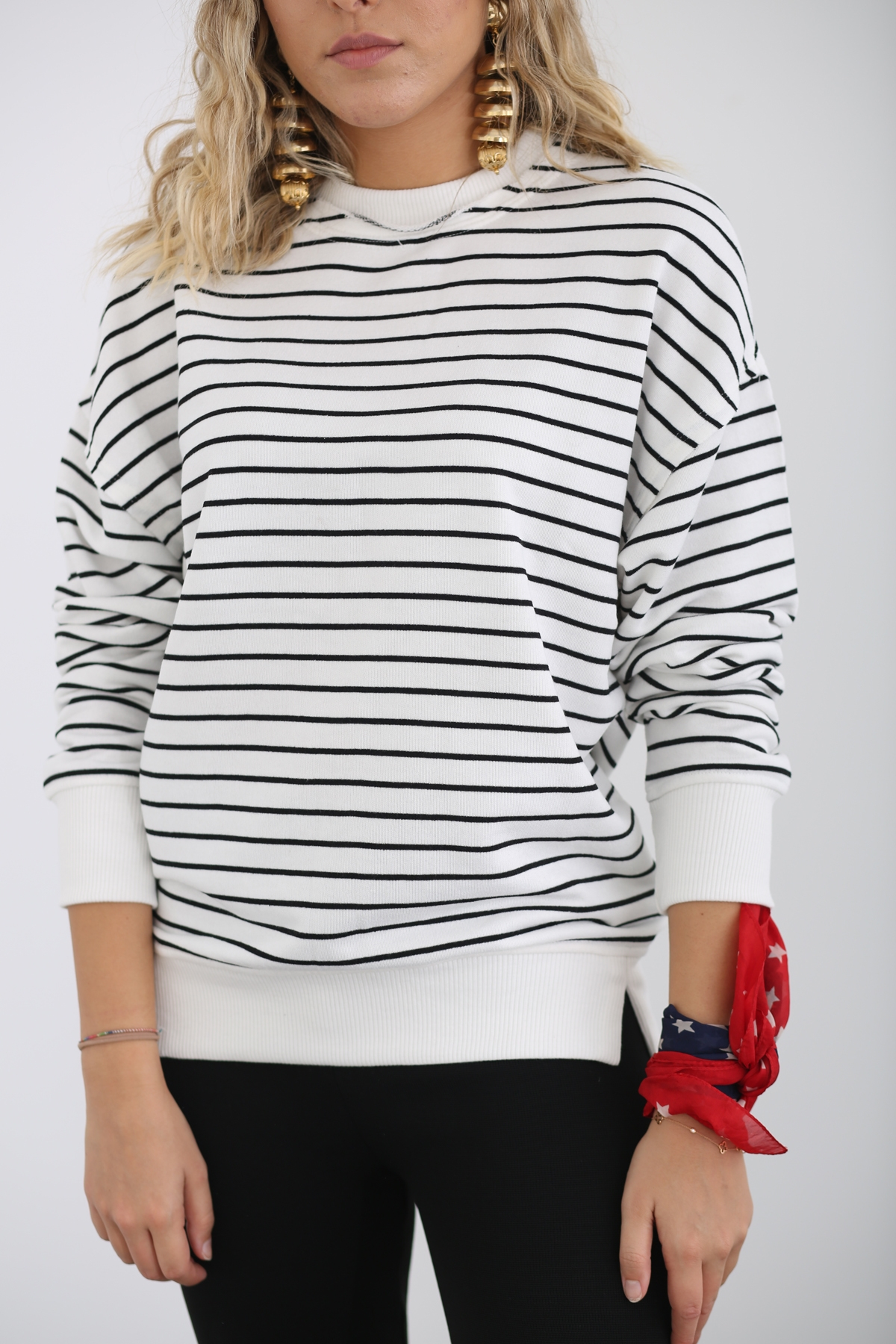 Ekru Çizgili Basic Sweatshirt 262