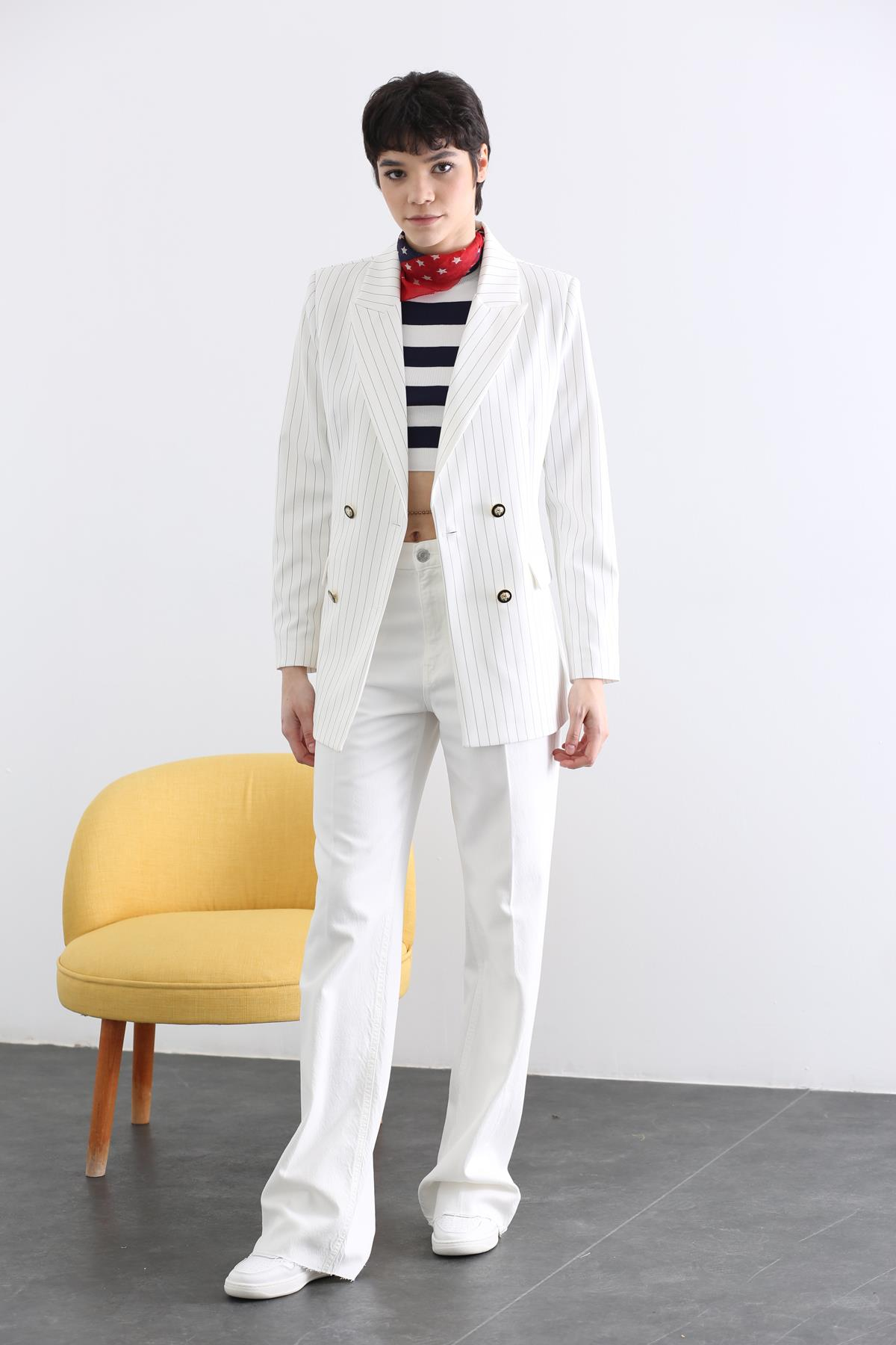 Ekru Çizgili Blazer Ceket 43979