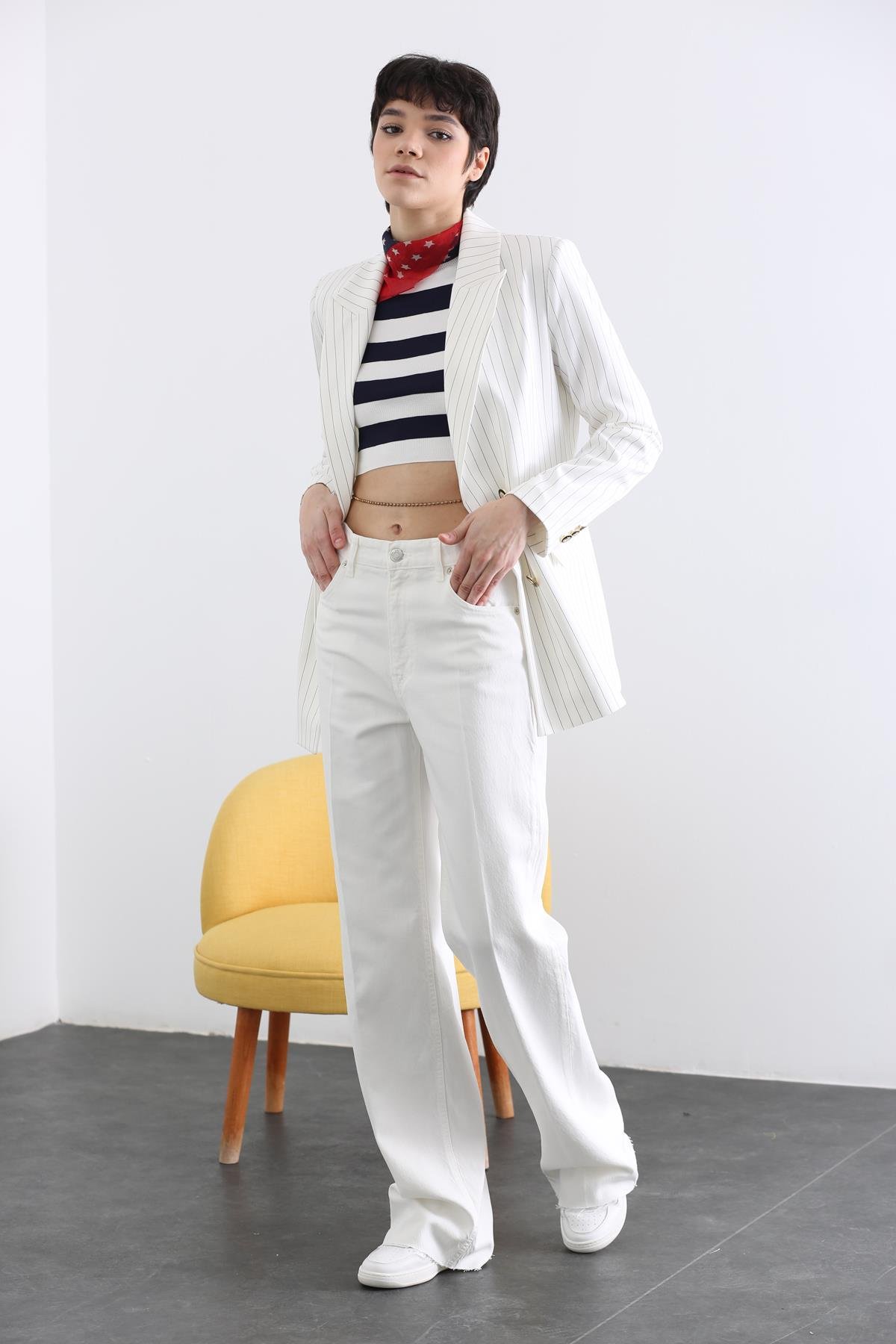 Ekru Çizgili Blazer Ceket 43979