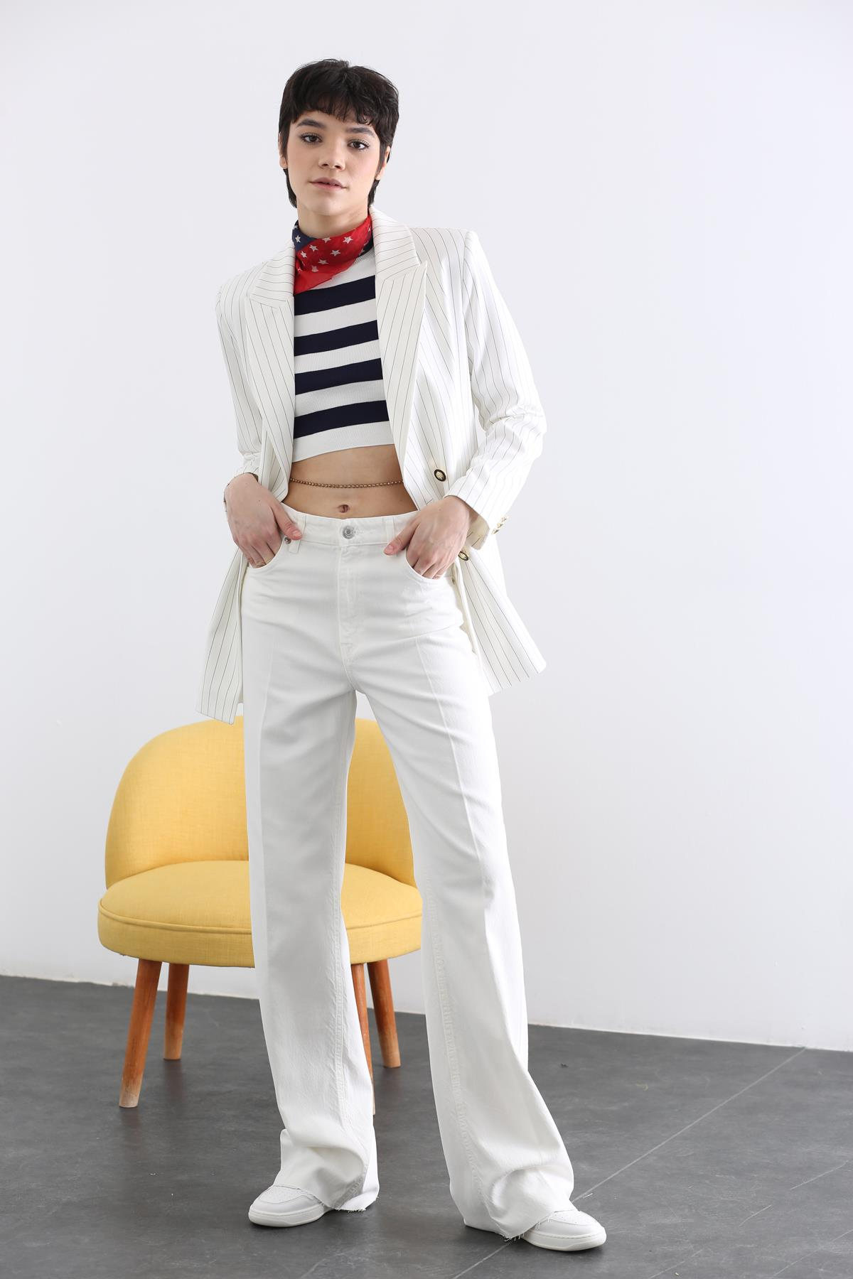 Ekru Çizgili Blazer Ceket 43979