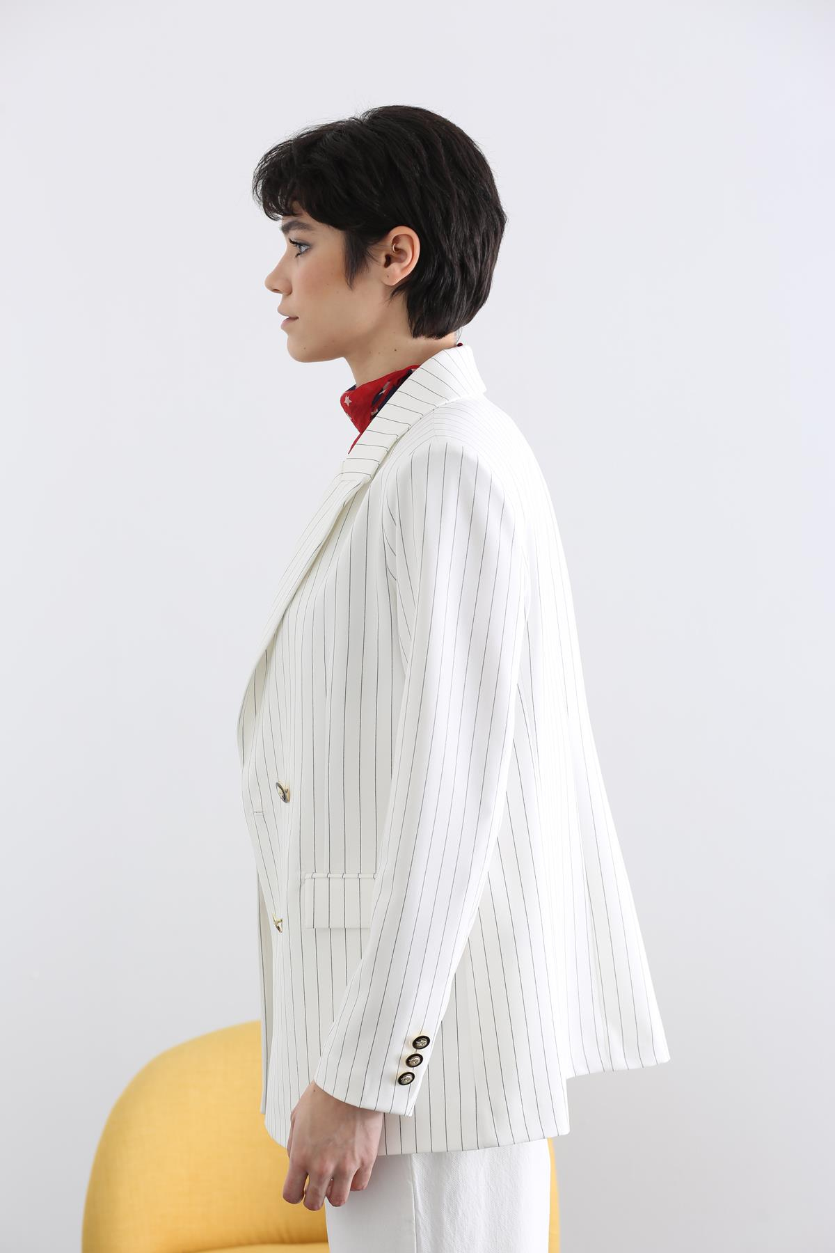 Ekru Çizgili Blazer Ceket 43979