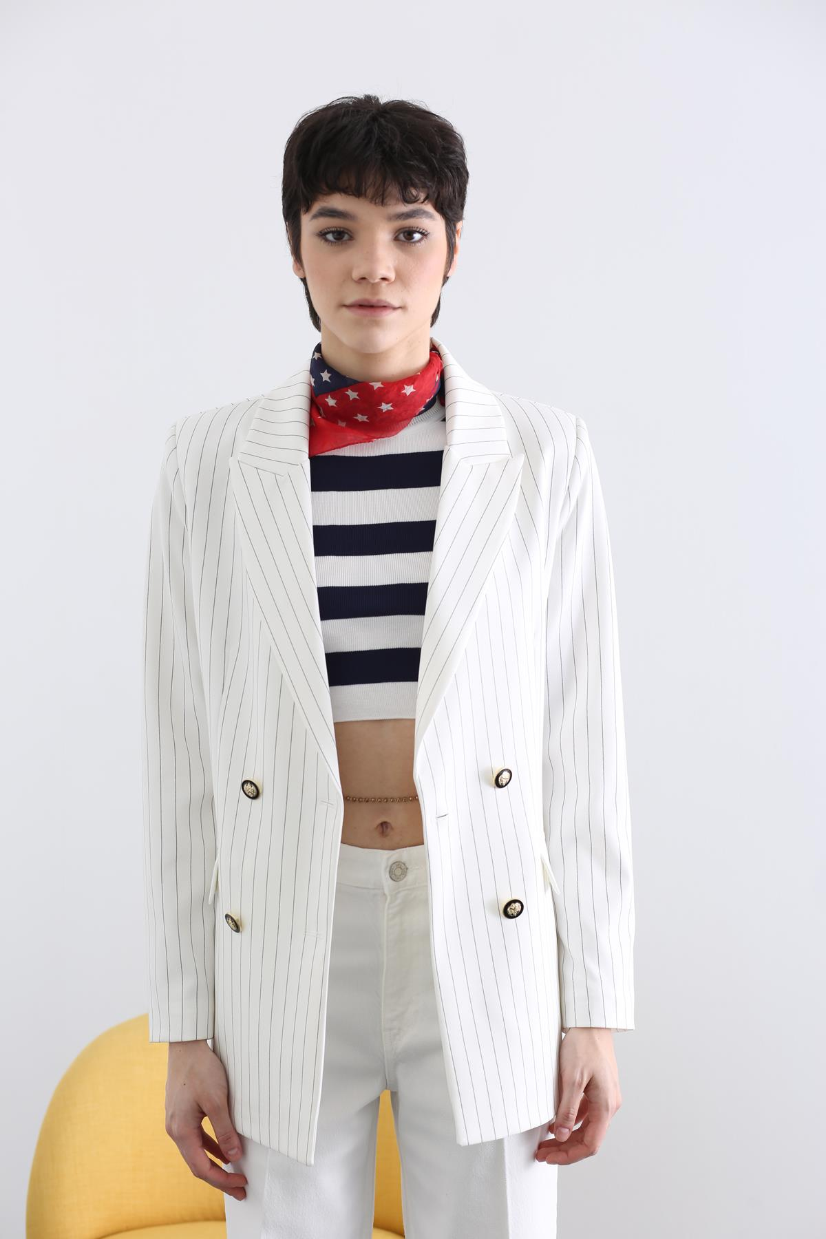 Ekru Çizgili Blazer Ceket 43979
