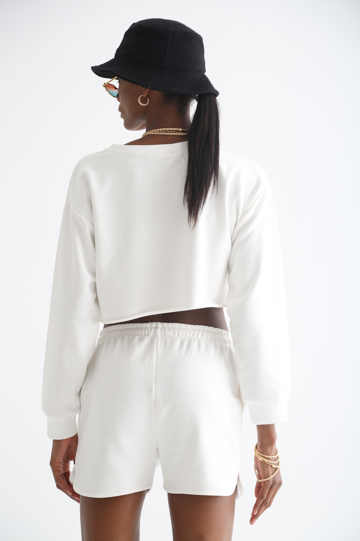 Ekru Crop Sweat Şort Takım 0024