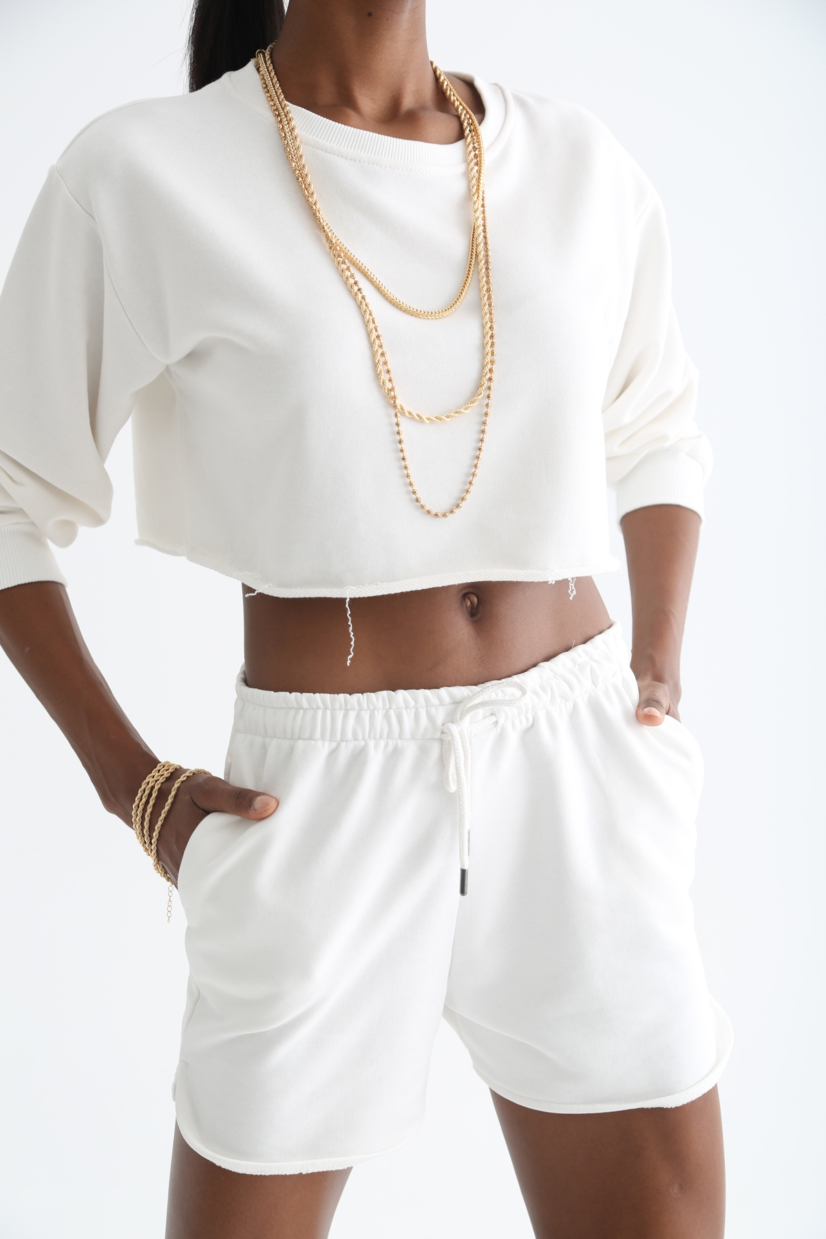 Ekru Crop Sweat Şort Takım 0024