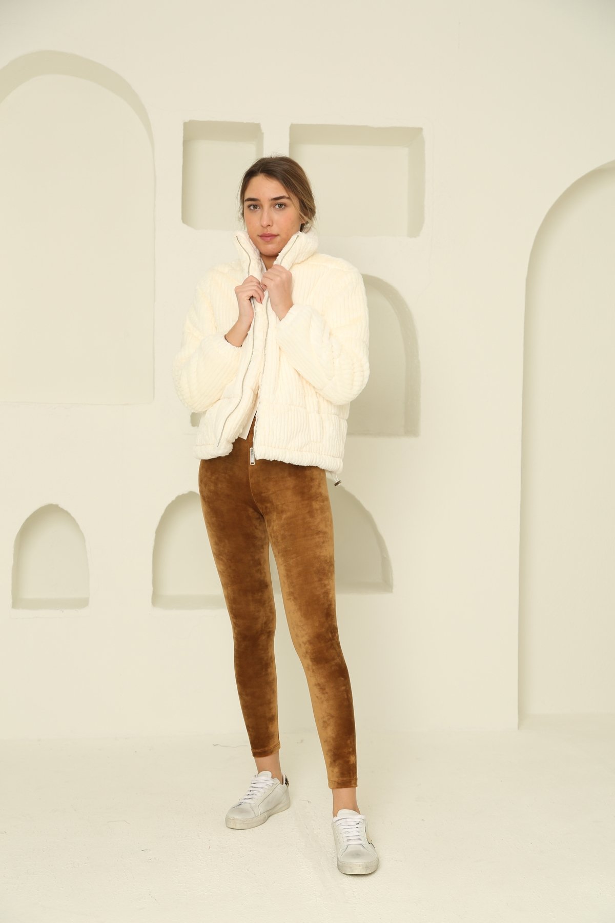 Ekru Fitilli Peluş Kısa Mont 89471