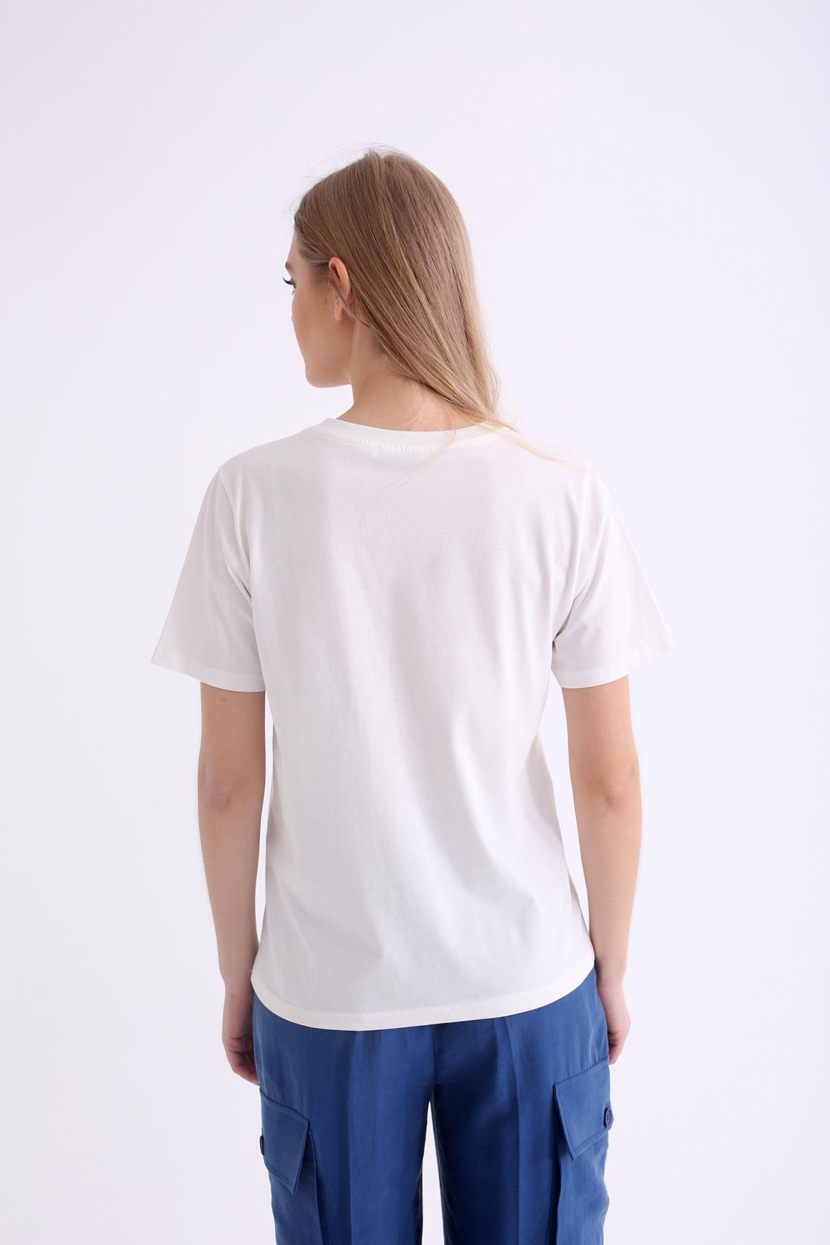 Ekru Güpürlü Dantel Cepli Basic Tshirt 233885