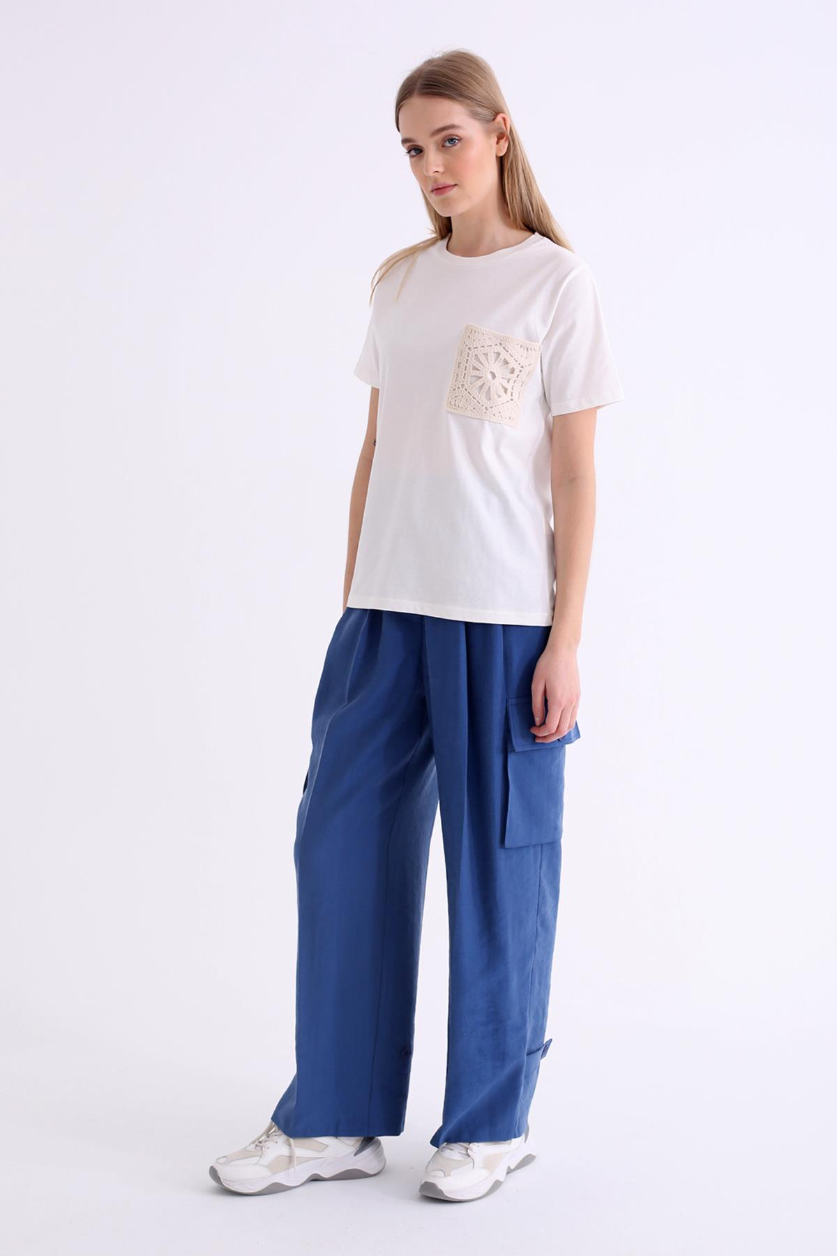 Ekru Güpürlü Dantel Cepli Basic Tshirt 233885