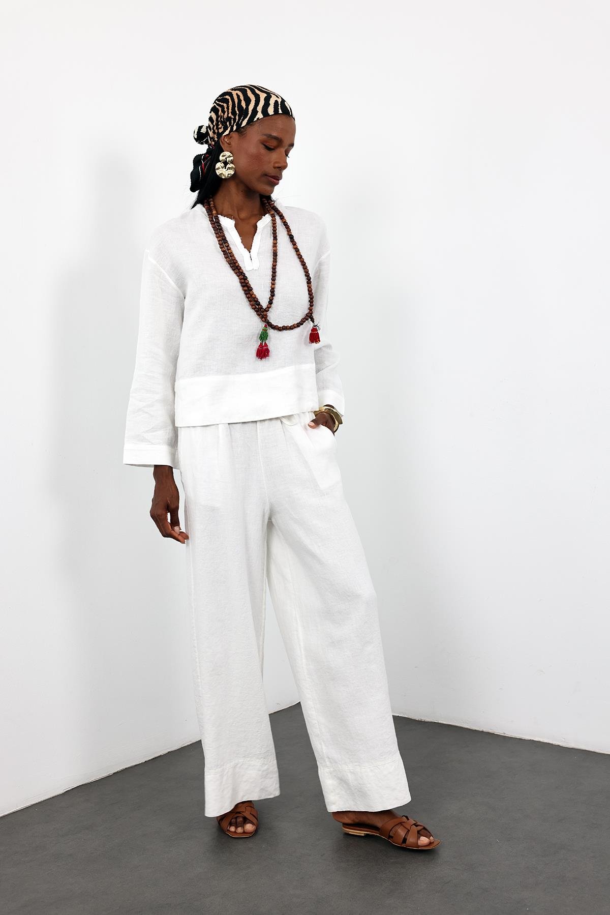 Ekru Hakim Yaka Keten Gömlek 