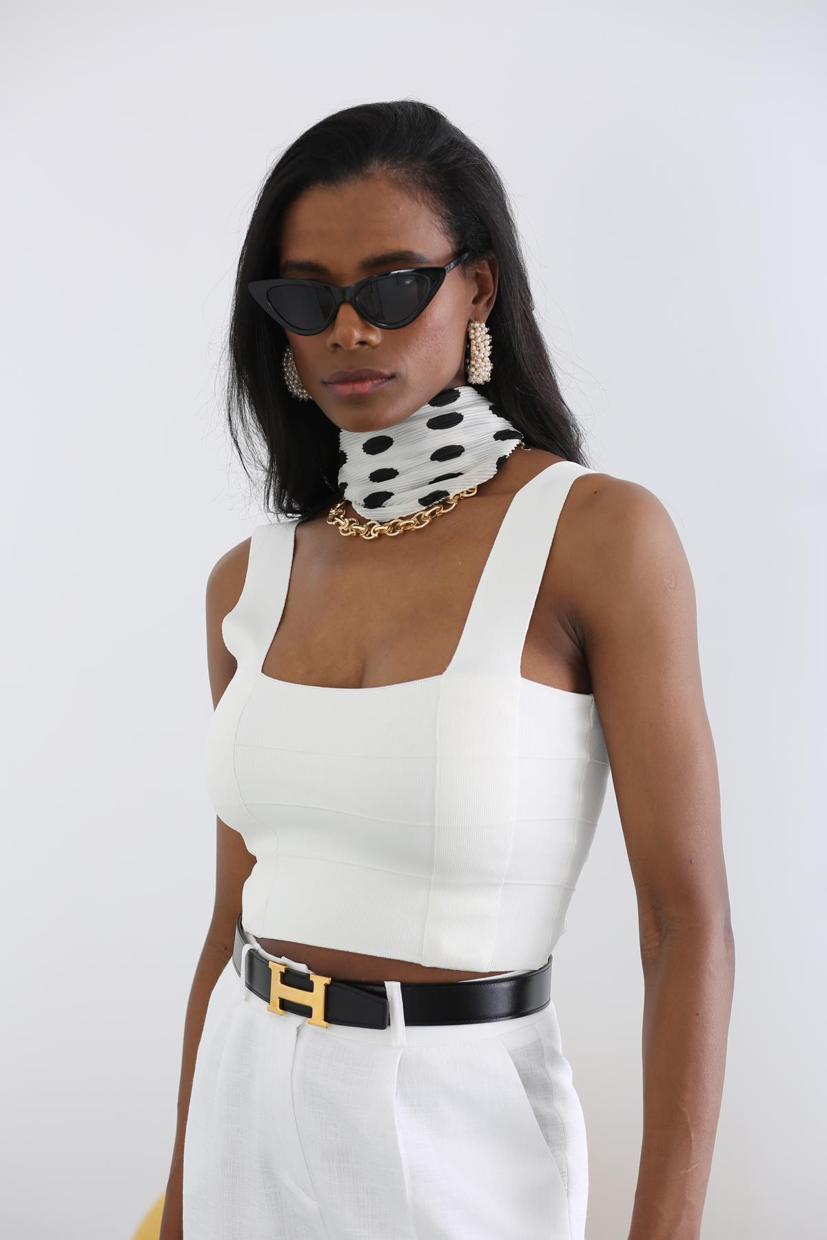 Ekru Kare Yaka Dikişli Crop 390044