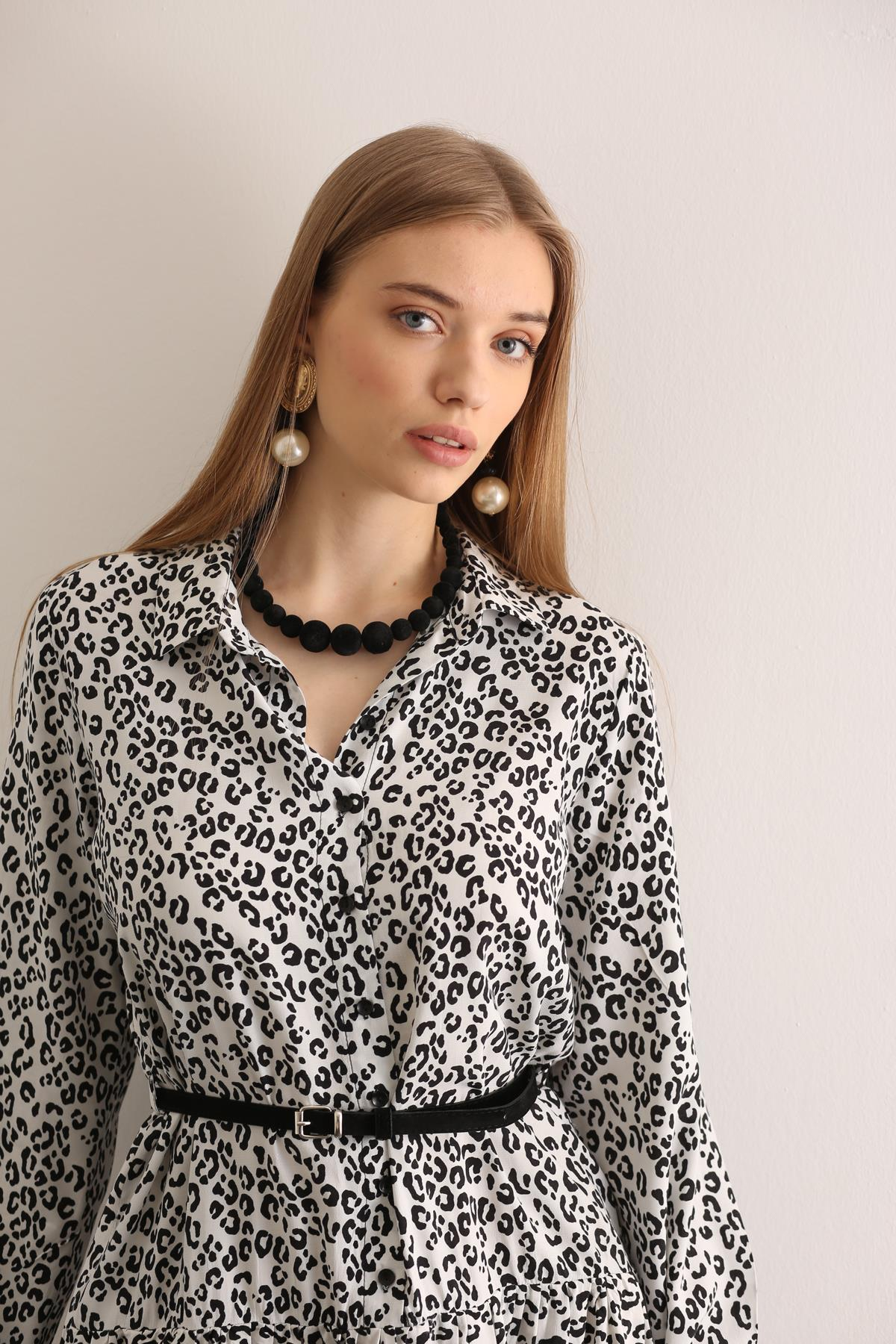 Ekru Kemerli Leopar Desen Elbise 